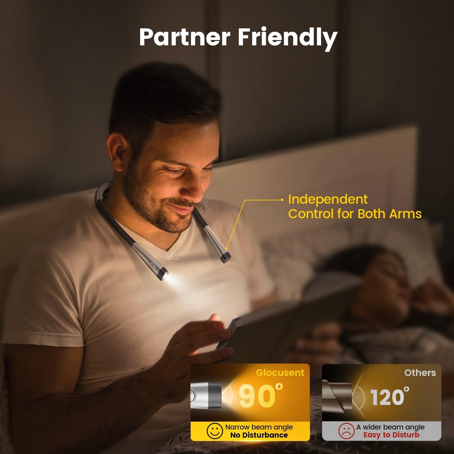 Glocusent Lampe de Lecture de Cou Rechargeable, Liseuse de Lecture au Lit à Bras Pliables, 6 Niveaux de Luminosité, 3 Couleurs, Longue Durée de Vie, Parfaite pour Lecture, Tricot, Réparation