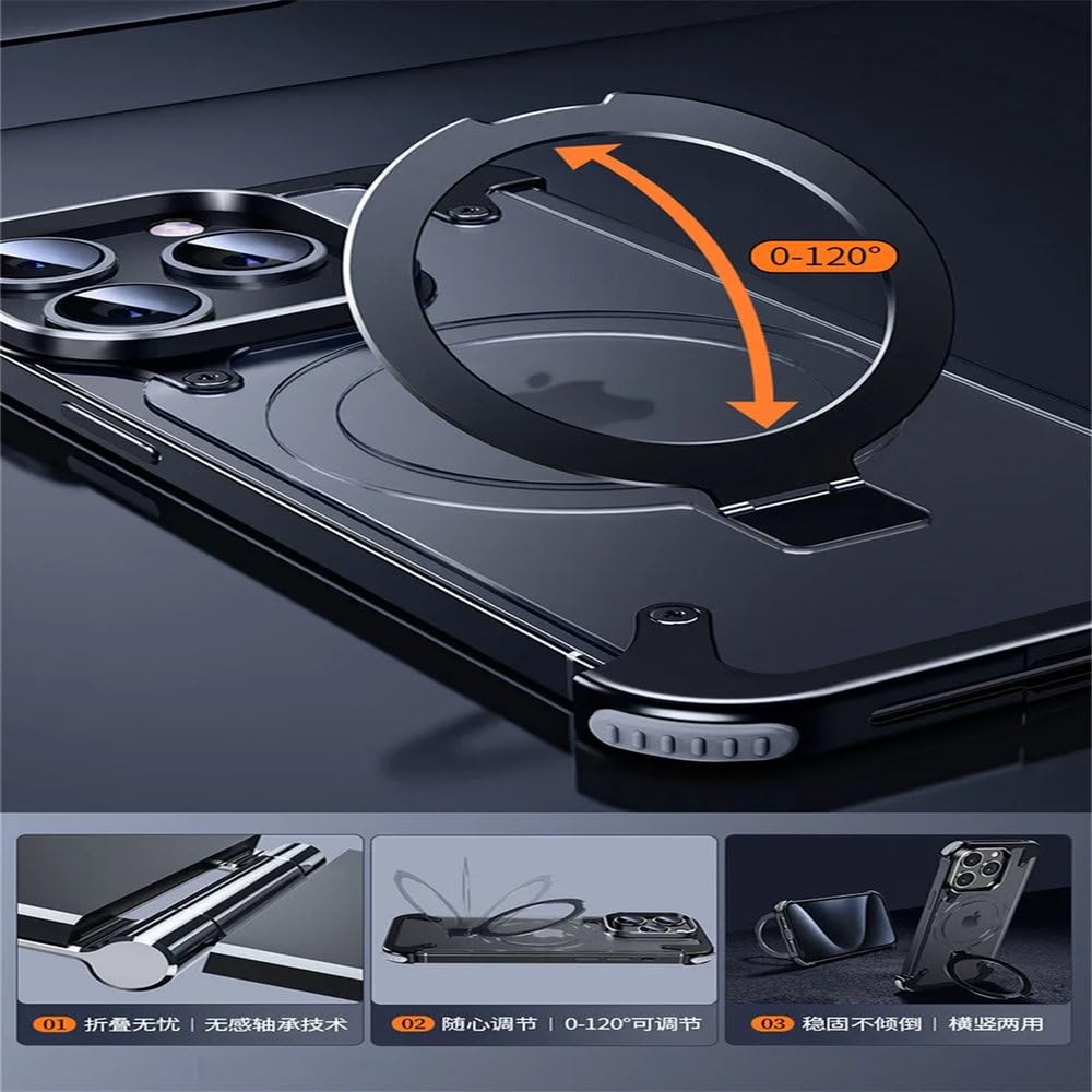 Coque de téléphone sans Monture avec Support en Aluminium magnétique pour iPhone 13 14 15 Pro Max 15 Plus Coque de téléphone en métal avec lentille Couverture arrière mate givrée, Noir, pour iPhone 15