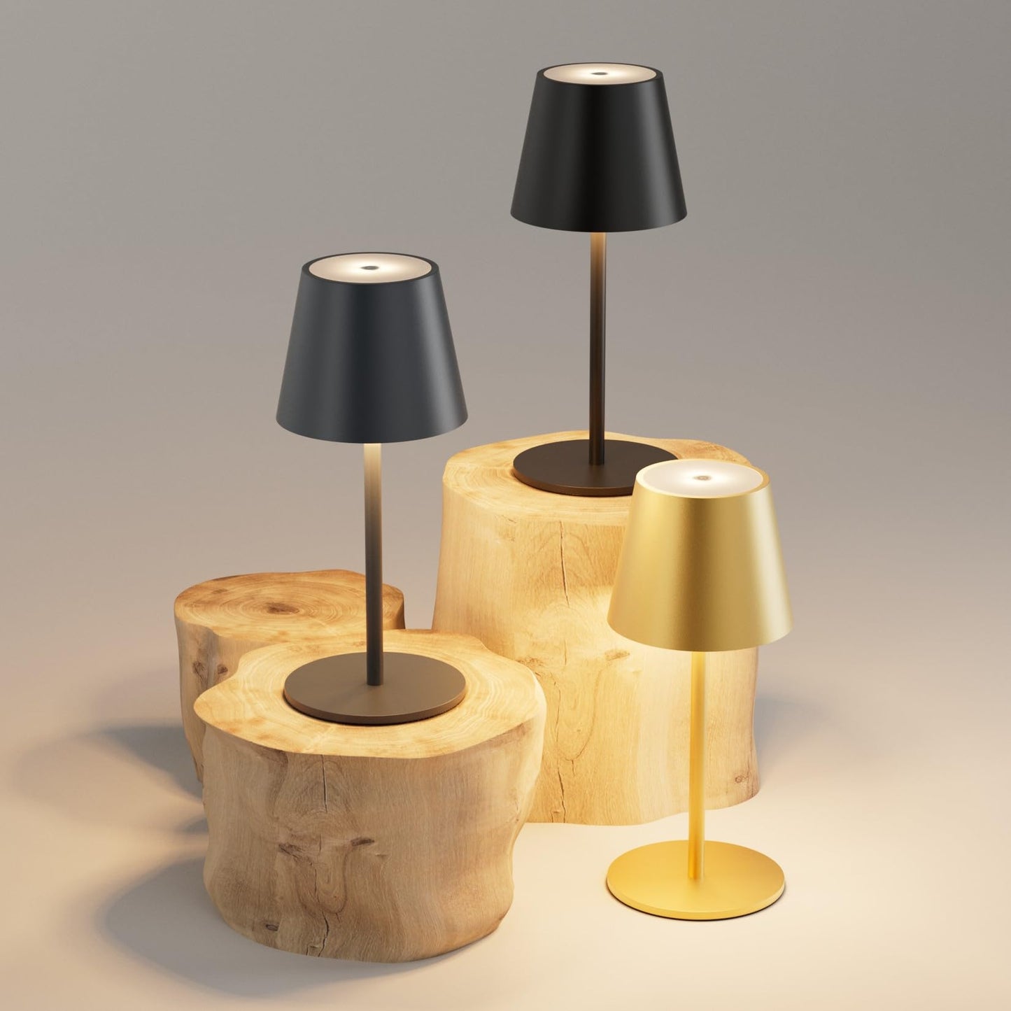 lundwa 2 pièces lampes de table LED à intensité variable, sans fil, rechargeables, couleur de lumière chaude 3000K, USB-C, aluminium, IP54,Pour le salon, le jardin, la salle à manger(Or mat)