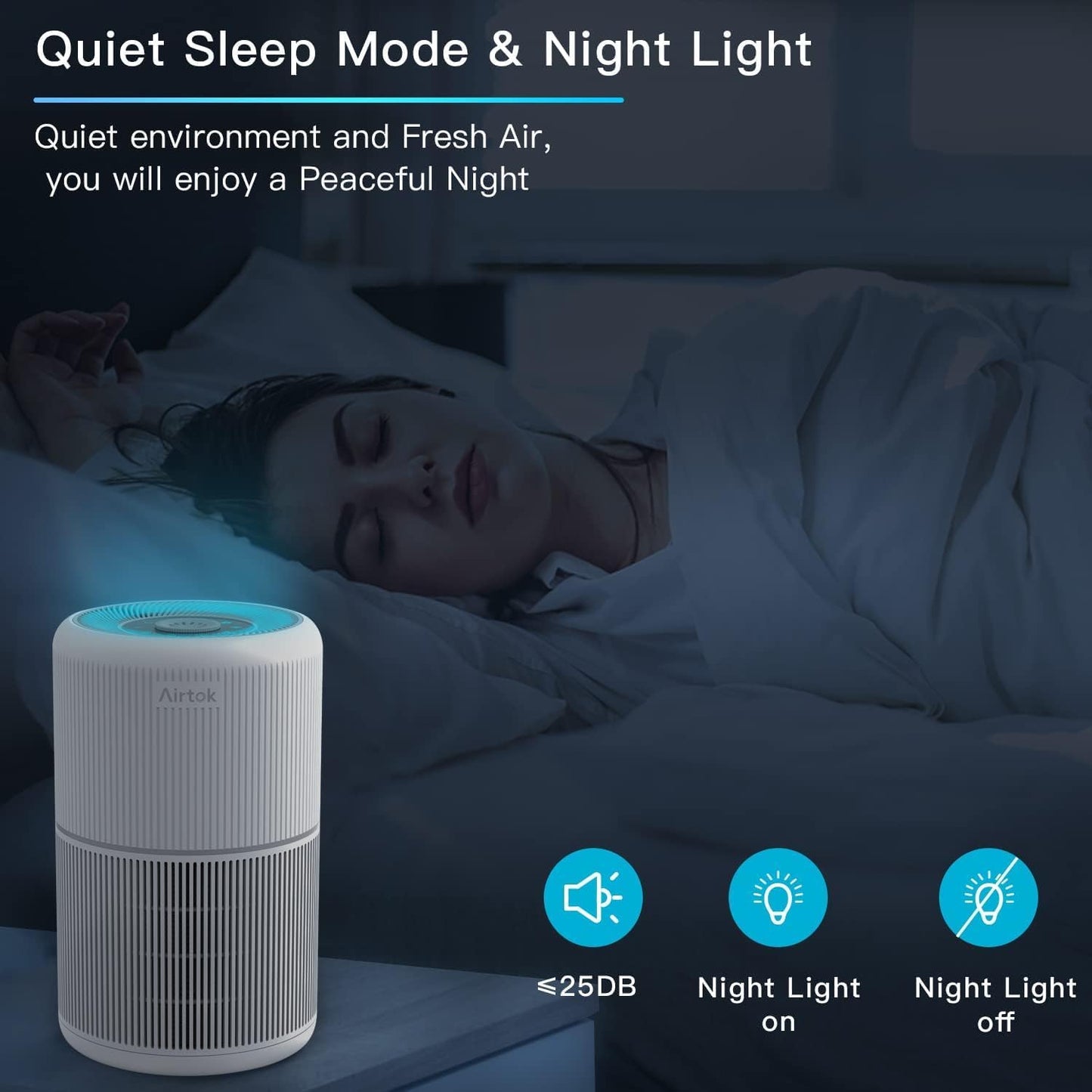 AIRTOK Purificateur d'air avec éponge parfumée, Purificatore d'aria H13 HEPA élimine 99,97% de la poussière, de la fumée et des odeurs d'animaux, air purifier avec veilleuse | 3 niveaux de vitesse