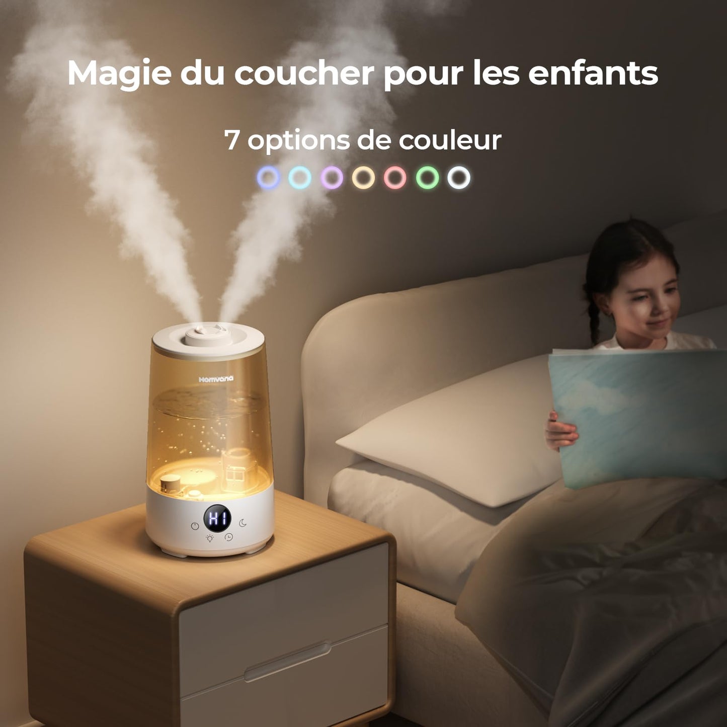 Homvana Humidificateur d'Air bébé, 3.6 L Cool Mist Top-Fill, 16dB Silencieux (SilentSpray), 34H Durable Humidificateu Chambre, Plante, BPA Free Avec Plusieur Modes d'humidité, 7 Color Light, Diffuseur