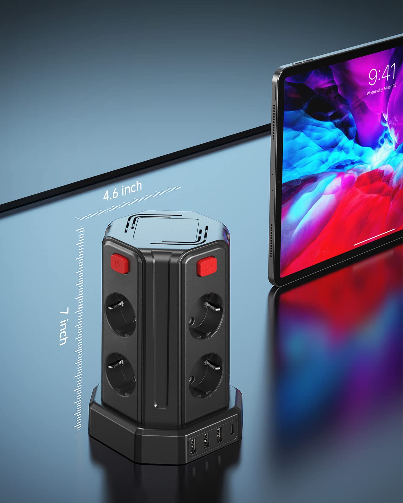 Multiprise avec Interrupteur, Sameriver Tour Multiprise 8 Prises et 4 USB, Multiprise USB Parafoudre et 4 Interrupteurs Rallonge Electrique 3M Câble la Maison et au Bureau