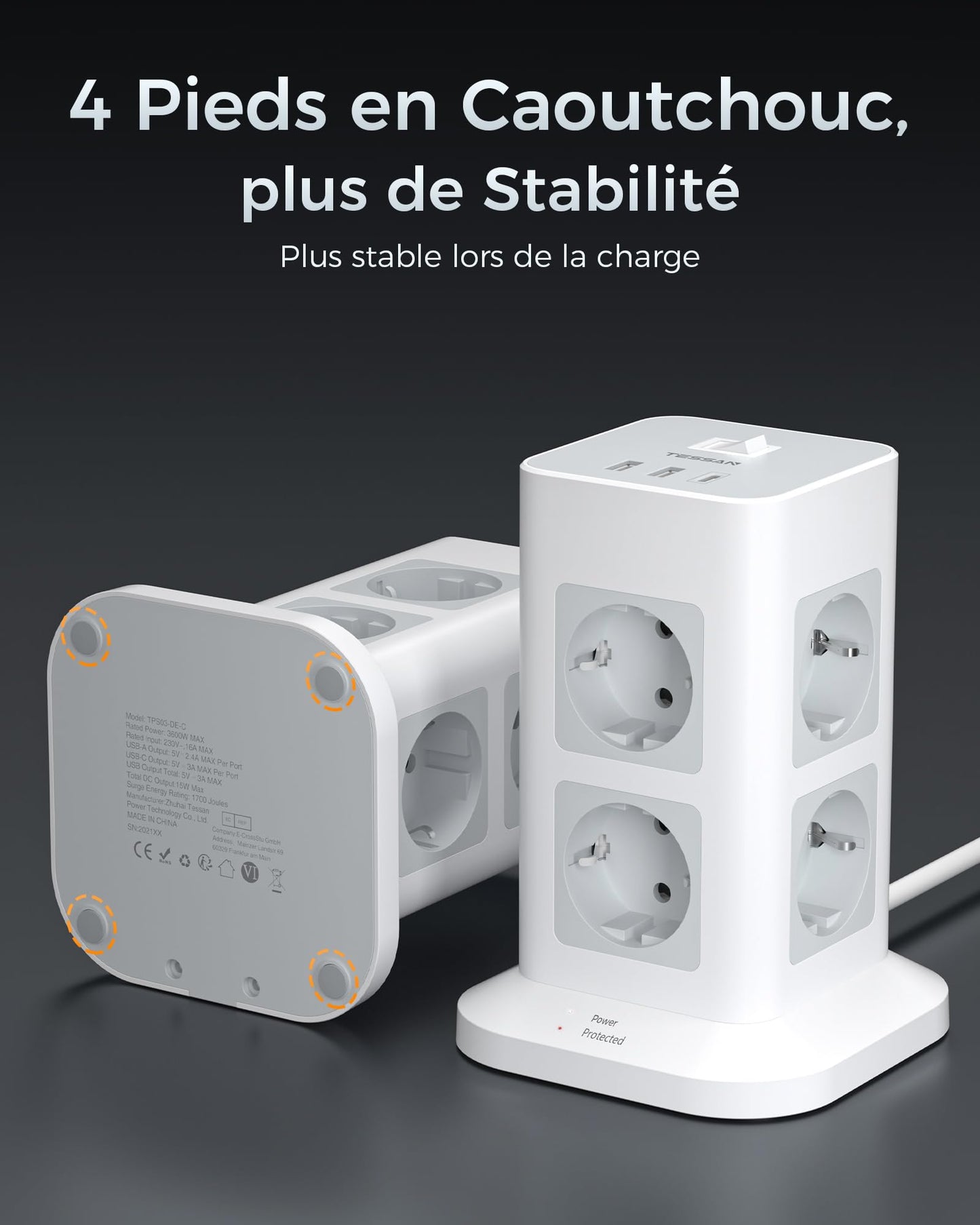 TESSAN Tour Multiprise Parafoudre et Surtension avec 8 Sortie AC et 3 Ports USB, Adaptateur Secteur 3600W avec Interrupteur et Rallonge Electrique 2M, Mult Prise Convient pour Bureau et Maison, Gris