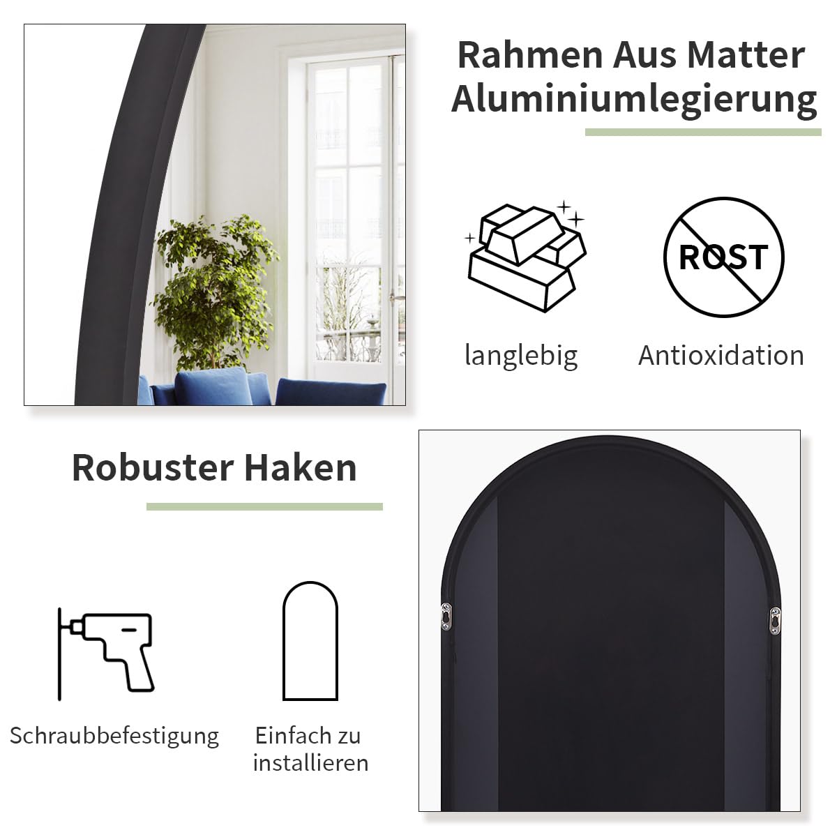 Koonmi Miroir complet arqué, 45 x 147 cm, grand miroir sur pied bombé, pleine longueur, monté au mur, incliné, miroir de sol pour le salon, noir.