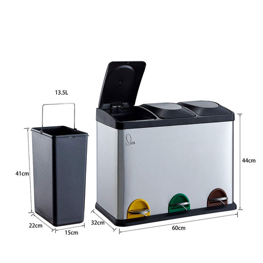 SVITA TC3X15 Lot de 3 poubelles à pédale en acier inoxydable Argenté 45 l 3 x 15 l