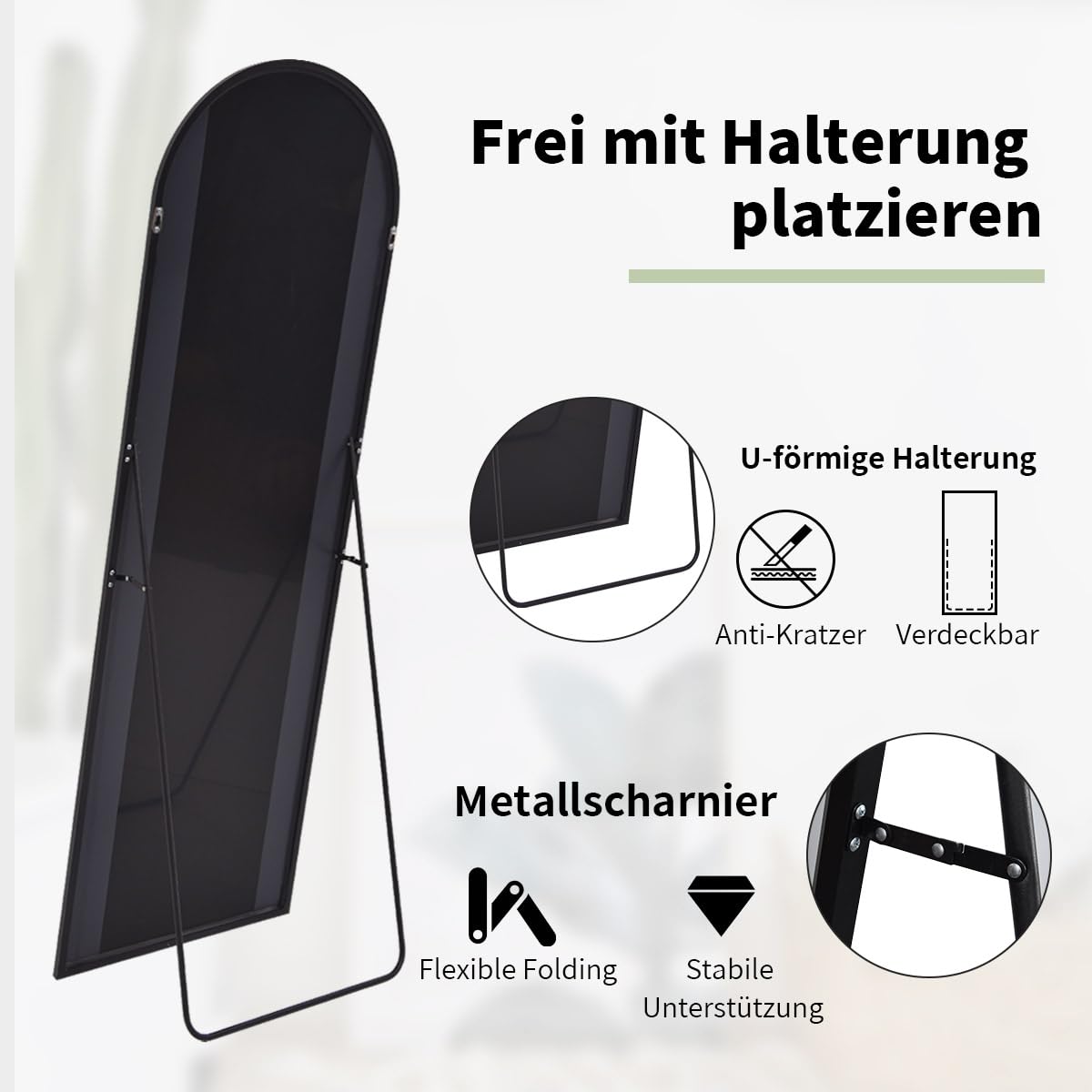 Koonmi Miroir complet arqué, 45 x 147 cm, grand miroir sur pied bombé, pleine longueur, monté au mur, incliné, miroir de sol pour le salon, noir.