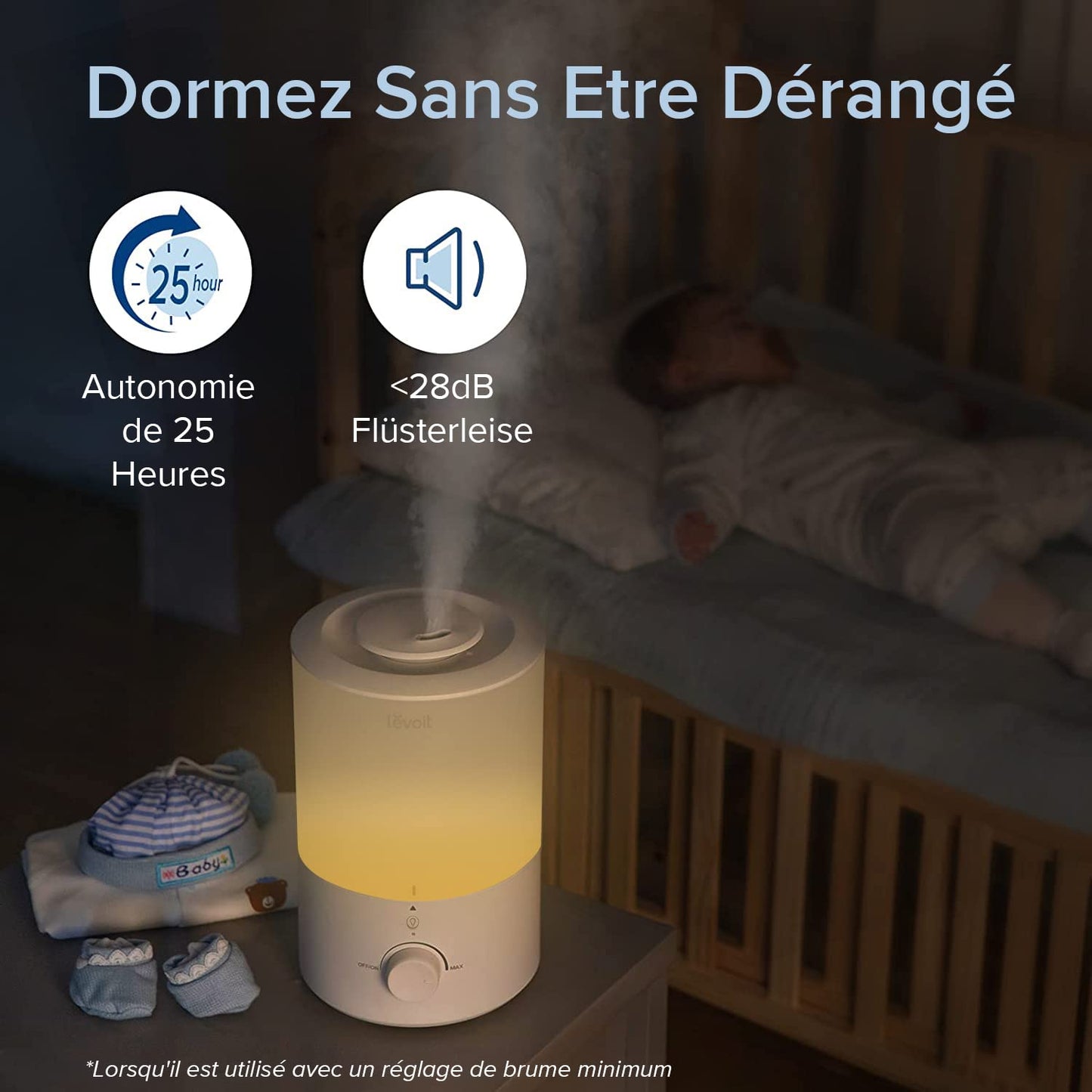 LEVOIT Humidificateur d'Air Chambre 3L Top-Fill, 25H d'Autonomie, <28dB Ultrasonique Silencieux, avec Veilleuse, Diffuseur, Arrêt Automatique, Buse à 360°, Brume Froide, Sans BPA pour Dual 150