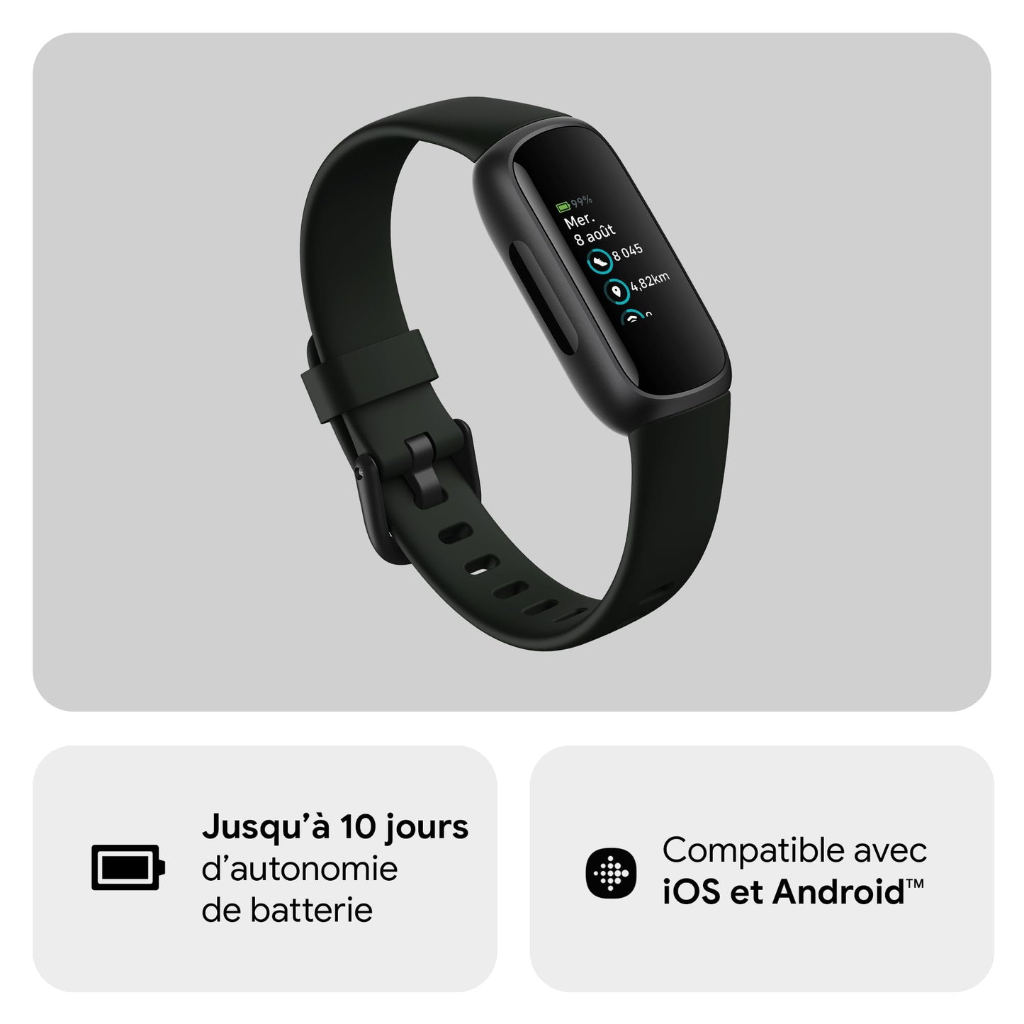 Google Fitbit Inspire 3 Bracelet d’activité sport et santé avec jusqu’à 10 jours d’autonomie de batterie et compatible avec Android et iOS, Parme, Noir intense