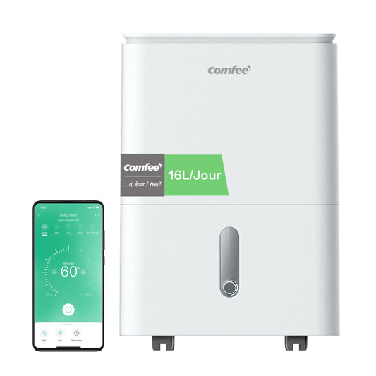 COMFEE' Déshumidificateur 2-EN-1,Elimine l'humidité jusqu'à 16L-Jour, Purification d'air avec ioniseur, 4 Modes, Fonction Air Swing, Contrôle APP, Idéal pour pièces de 29-44㎡, Easy Dry 16