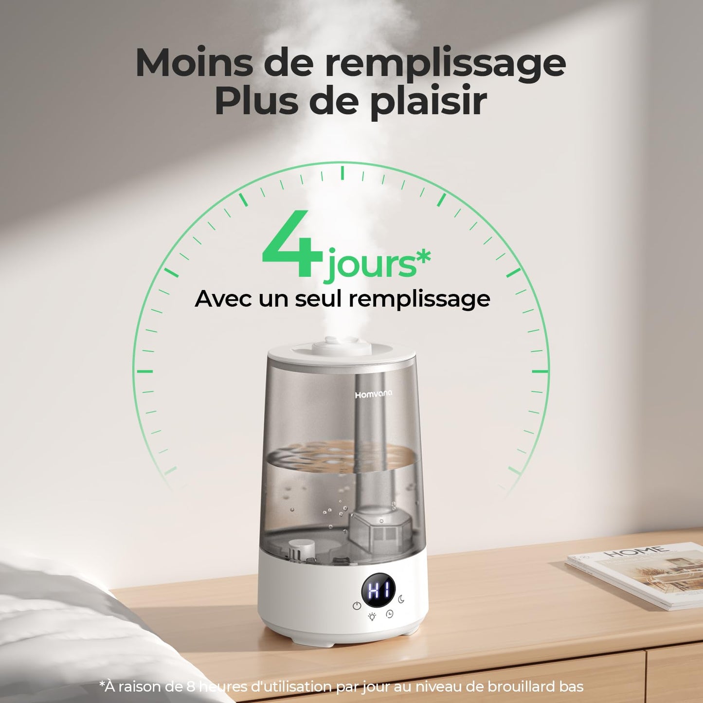 Homvana Humidificateur d'Air bébé, 3.6 L Cool Mist Top-Fill, 16dB Silencieux (SilentSpray), 34H Durable Humidificateu Chambre, Plante, BPA Free Avec Plusieur Modes d'humidité, 7 Color Light, Diffuseur