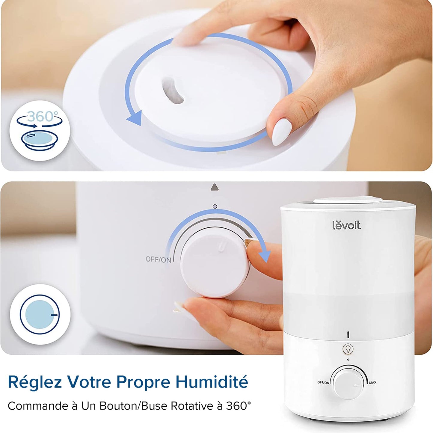 LEVOIT Humidificateur d'Air Chambre 3L Top-Fill, 25H d'Autonomie, <28dB Ultrasonique Silencieux, avec Veilleuse, Diffuseur, Arrêt Automatique, Buse à 360°, Brume Froide, Sans BPA pour Dual 150