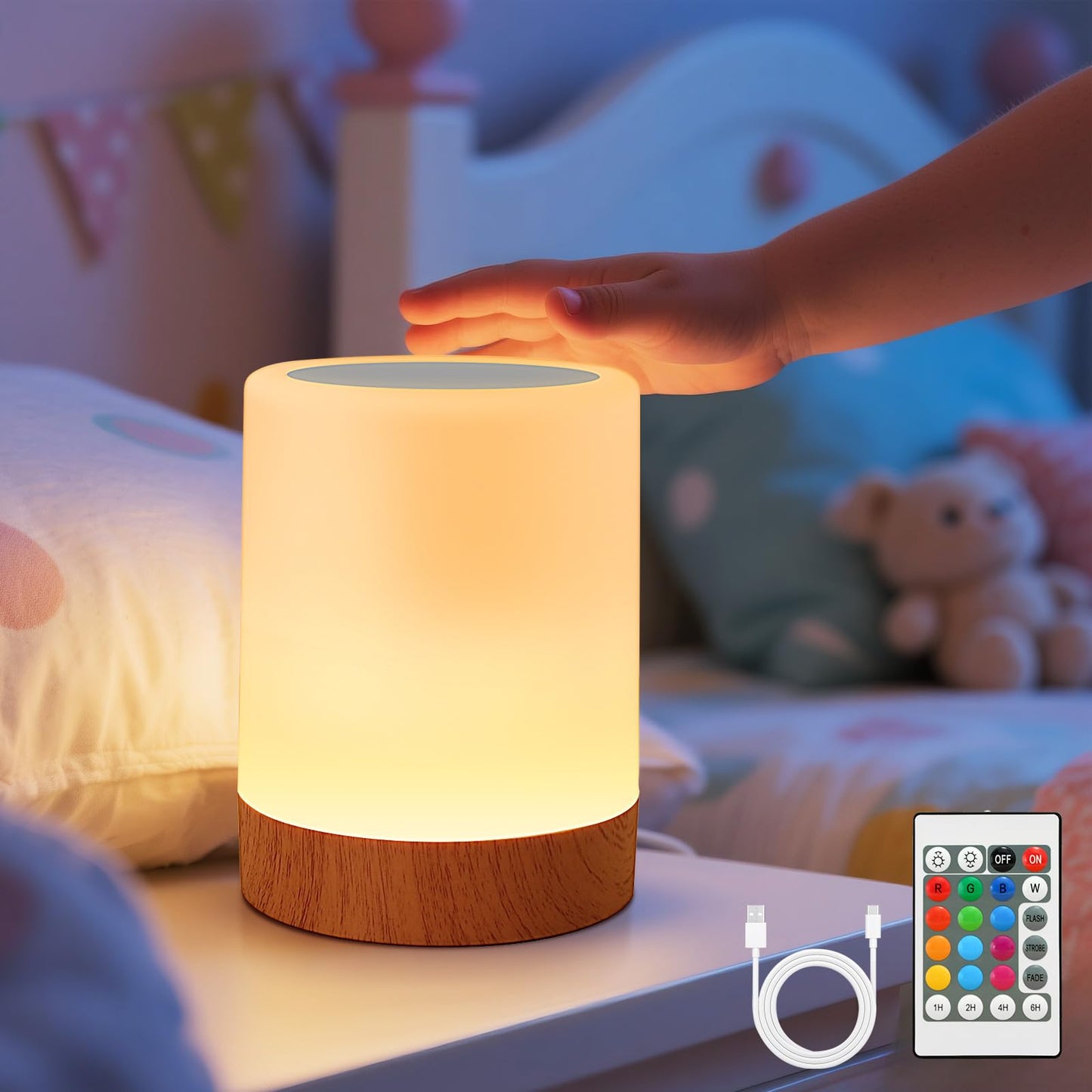 VKH Lampe de chevet LED RGB sans fil tactile et dimmable avec télécommande, veilleuse rechargeable USB pour chambre, lampe de table décorative – Modèle Cylindre Haut