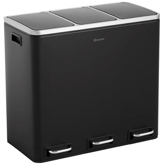 Homra Sparq Poubelle Tri Selectif 3 Bac | Poubelle Cuisine 54 Litres Acier inoxydable | Poubelle à Pédale 3x18 litres | Déchets et recyclage | 3 Bacs Amovibles et Fermeture Douce | Inox Noir