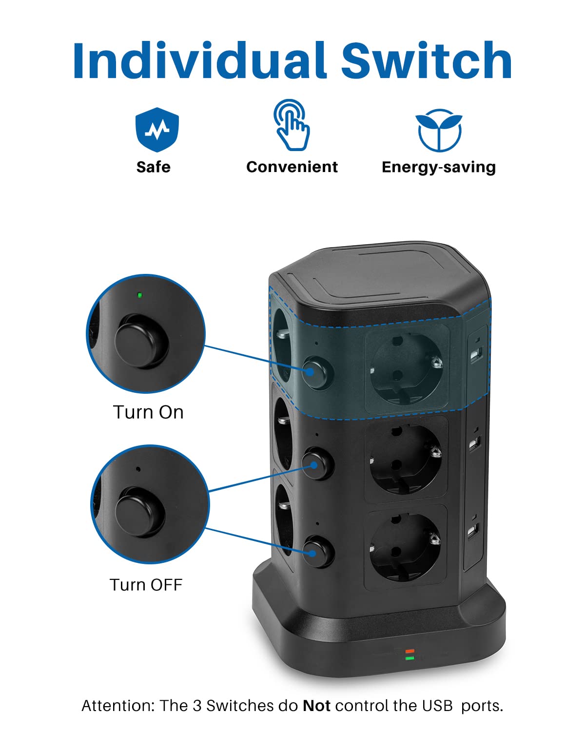 KOOSLA Tour multiprise parafoudre et surtension(4000W/16A), Multiprise Electrique avec 6 Ports USB et 12 Prises, multiprise avec et 3 Interrupteurs, 2M Cordon, Noir