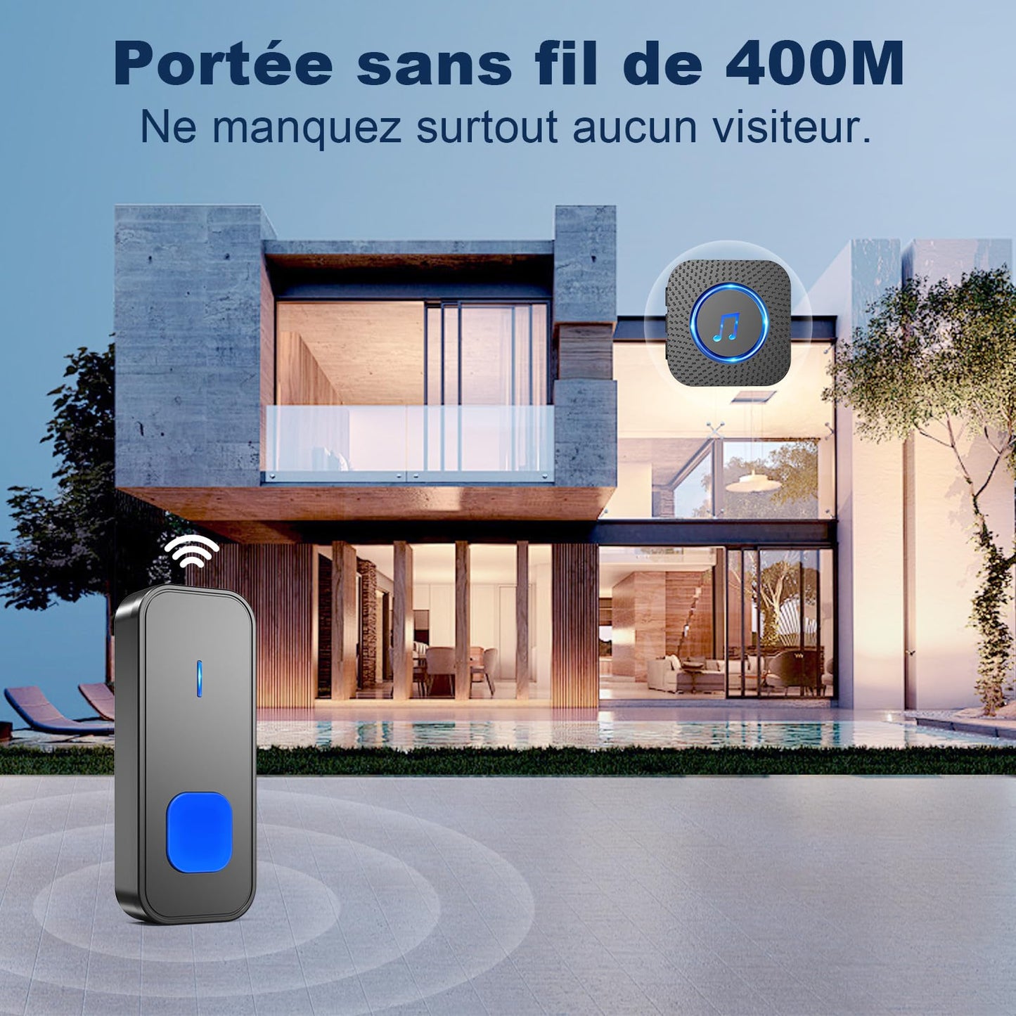 SURFOU Sonnette sans Fil, 400M Sonnette Longue Portée Exterieur Étanche Electronique, Kit de Carillon avec Récepteurs Enfichables pour la Maison, LED Bleu, 55 Mélodies, 5 Niveaux Volumes, Noir