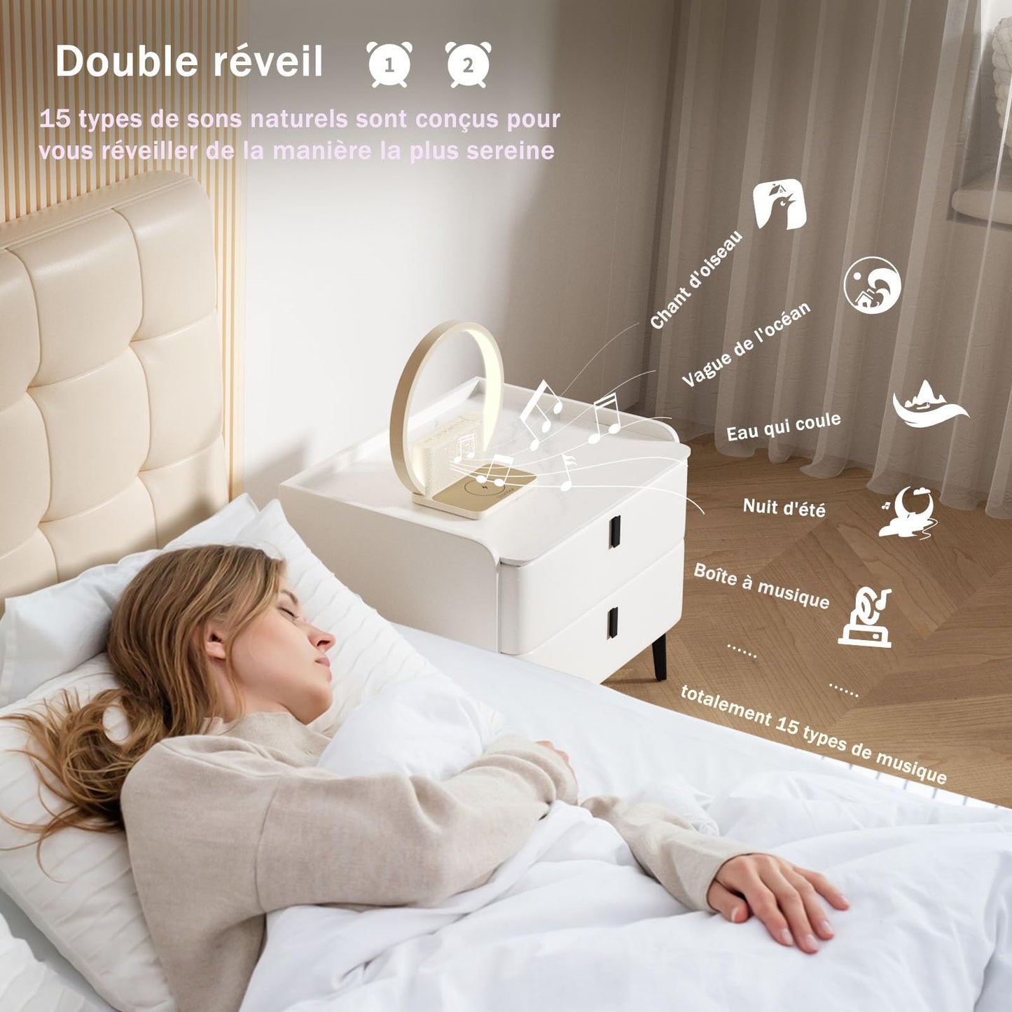 blonbar Réveil Lumineux Simulateur d'Aube, Lampe de Reveil avec tactile réglable,3 niveaux de luminosité,lampe de chevet avec chargeur sans fil, aide à dormir les bébés et les adultes