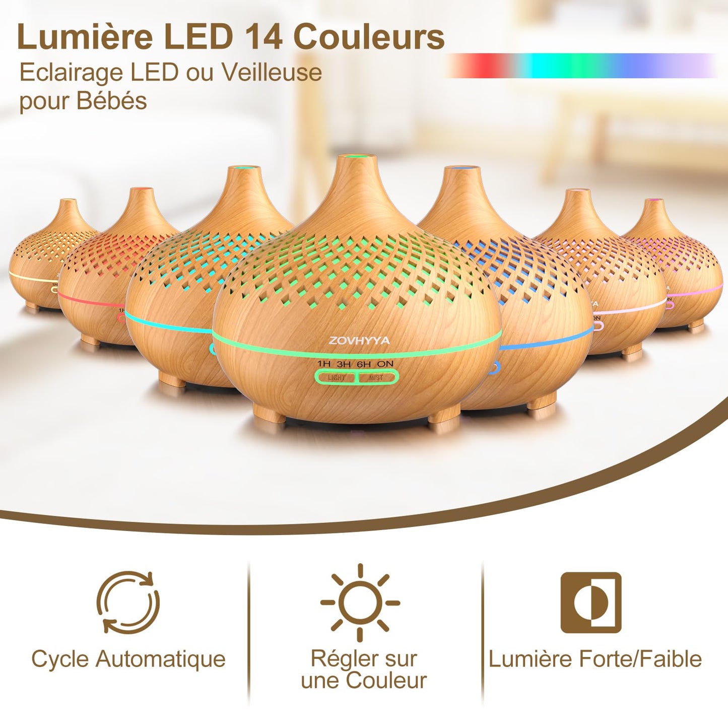 ZOVHYYA Diffuseur Huiles Essentielles 500ML Diffuseur Arômes Humidificateurs Diffuseur 14 LED avec Télécommande 3 Minuterie et Arrêt Automatique pour Salon Chambre Yoga comme Cadeau Anniversaire