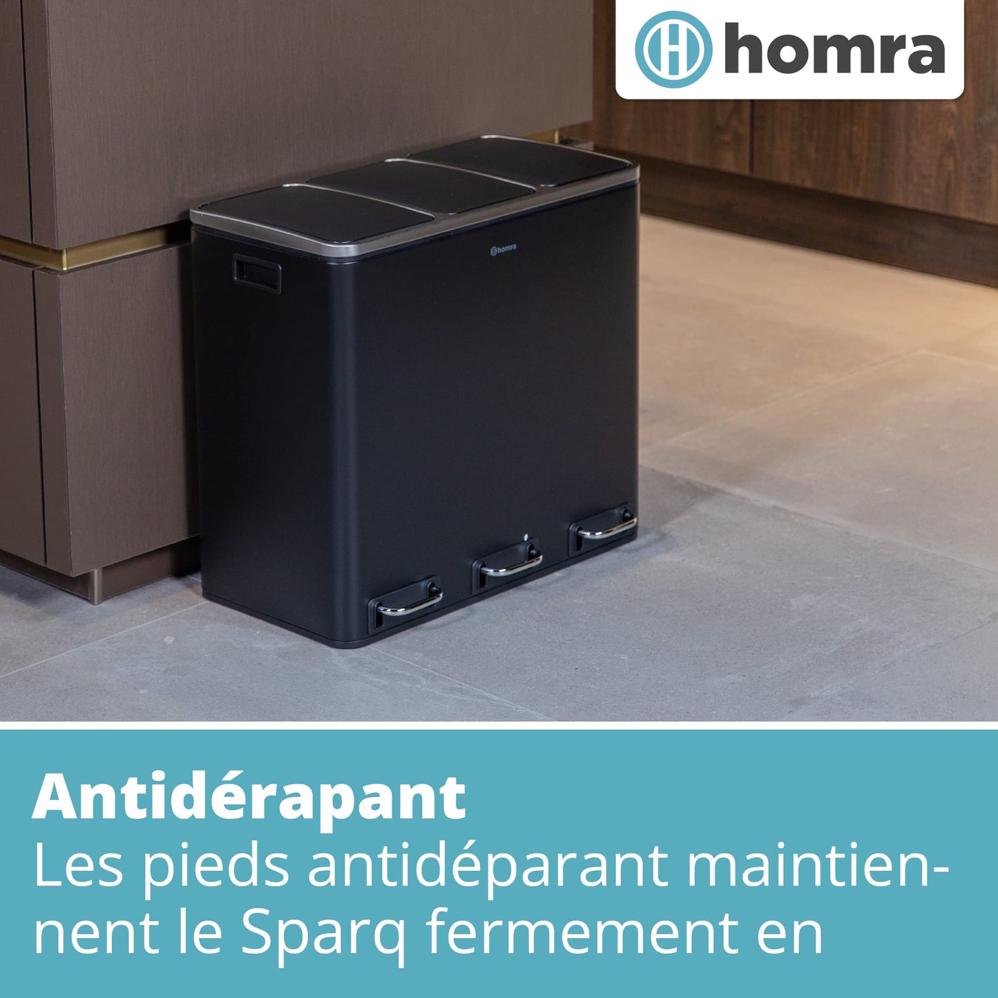 Homra Sparq Poubelle Tri Selectif 3 Bac | Poubelle Cuisine 54 Litres Acier inoxydable | Poubelle à Pédale 3x18 litres | Déchets et recyclage | 3 Bacs Amovibles et Fermeture Douce | Inox Noir