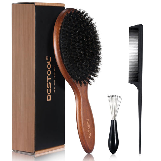 BESTOOL Brosse à Cheveux en Poils de Sanglier Brosse pour Femme Homme Enfant pagaie en Hêtre Poils naturels Brosse pour Cheveux Fins et Fins, amélioration de la Texture des Cheveux (hêtre)
