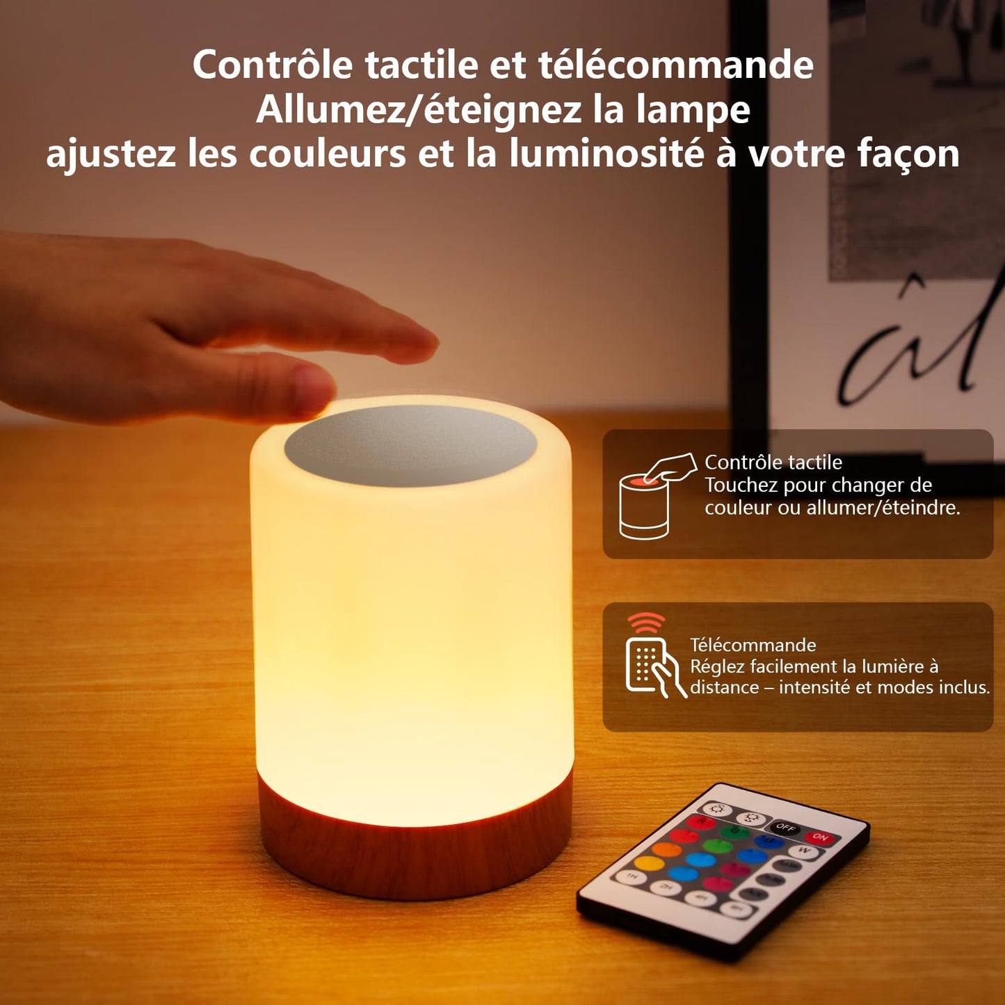 VKH Lampe de chevet LED RGB sans fil tactile et dimmable avec télécommande, veilleuse rechargeable USB pour chambre, lampe de table décorative – Modèle Cylindre Haut