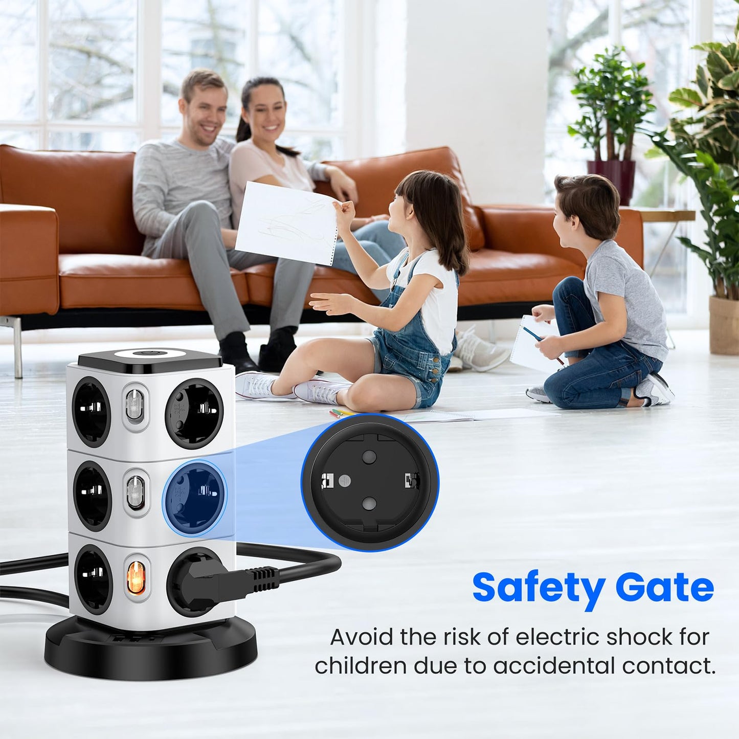 Acodot Multiprise Electrique, 12 Compartiments Multiprise avec USB, Multi Prise de Protection Contre Les Surtensions Tower avec 4 Interrupteurs, Veilleuse Design Originale et USB-A, USB-C Câble 3M