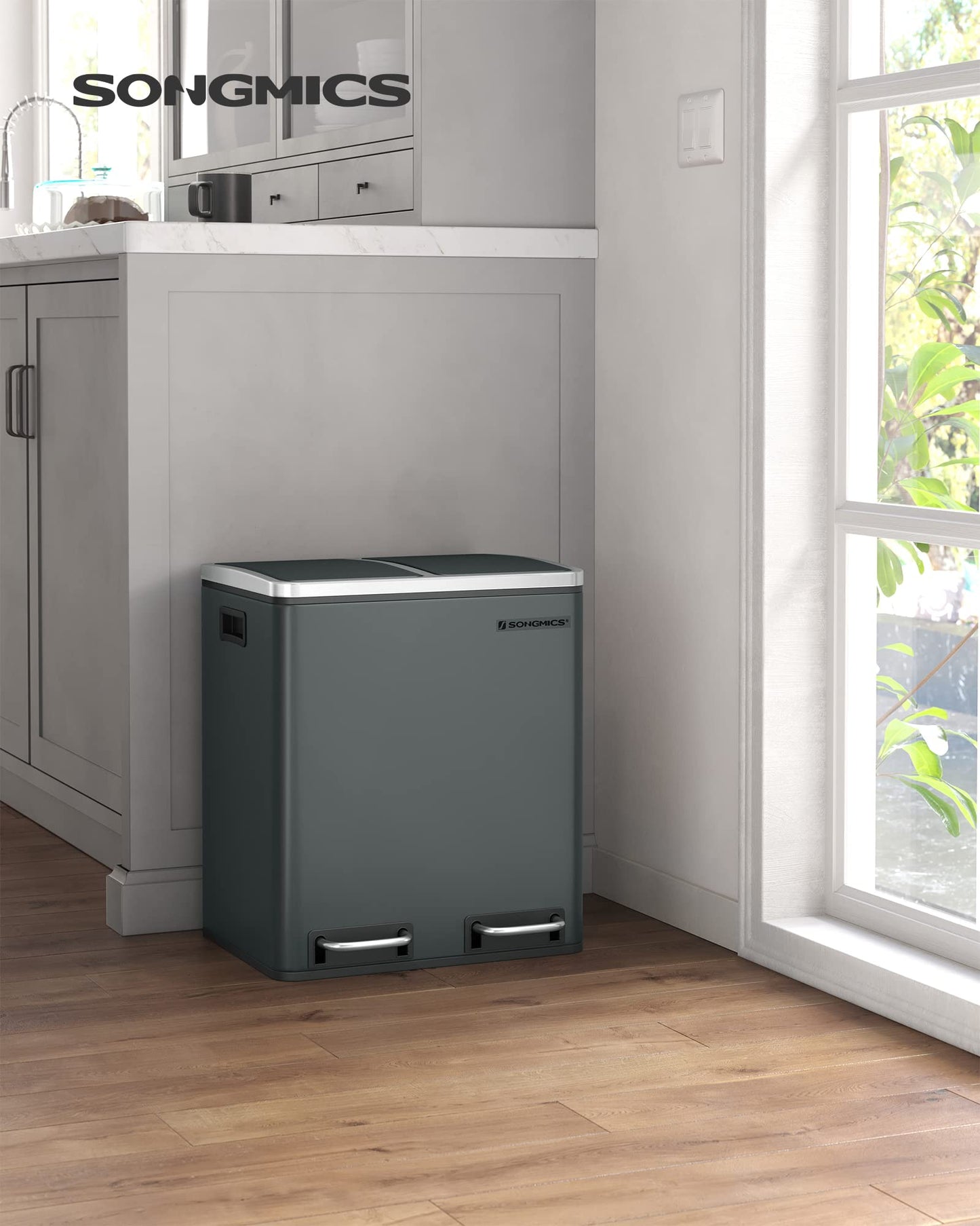 SONGMICS Poubelle Cuisine, 2 x 15L, Poubelle Tri, avec Pédale, 2 Compartiments, 15 Sacs Poubelles, Seaux Intérieurs, Couvercles en Douceur, en Acier, Gris Verdâtre LTB30GS