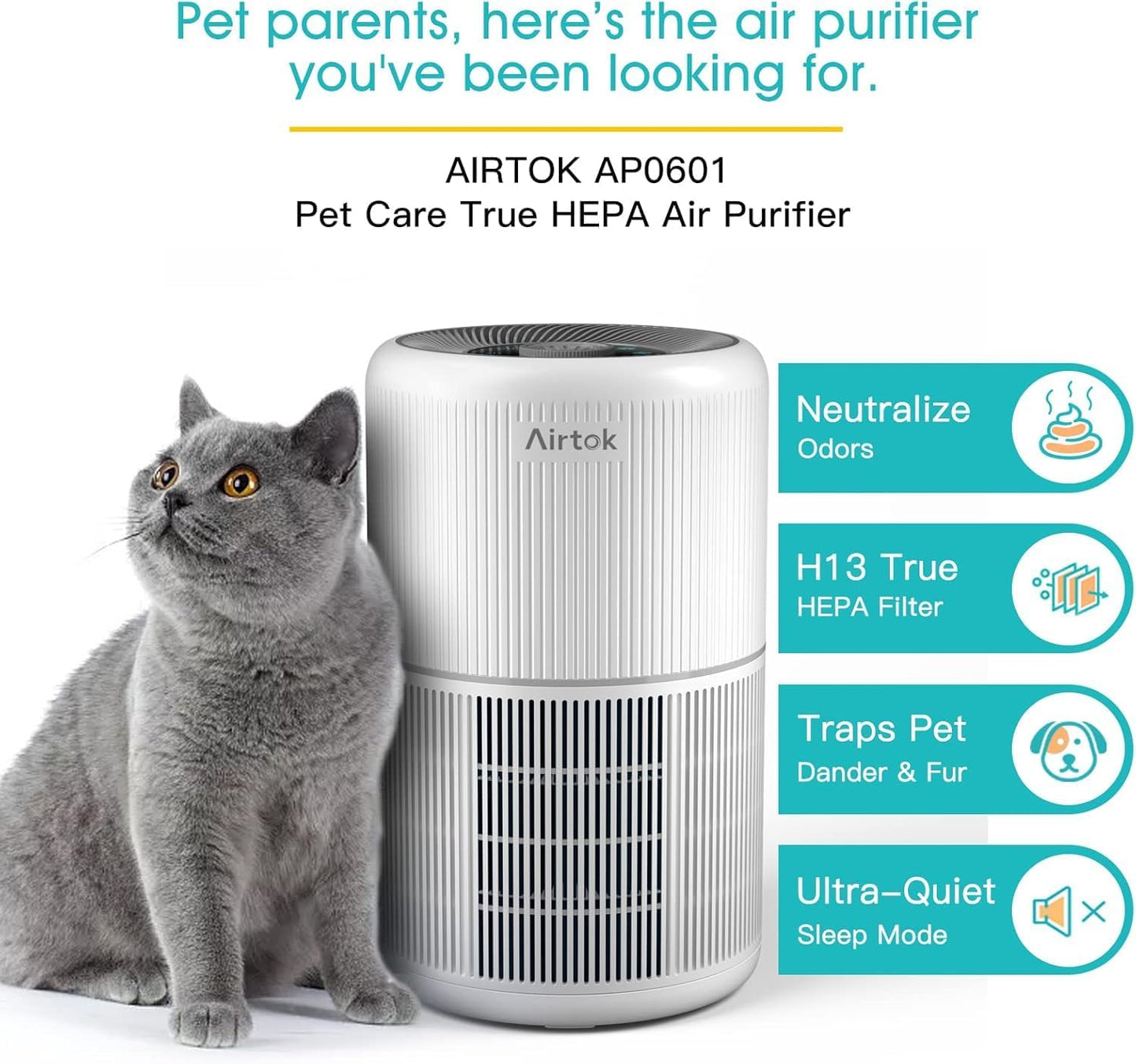 AIRTOK Purificateur d'air avec éponge parfumée, Purificatore d'aria H13 HEPA élimine 99,97% de la poussière, de la fumée et des odeurs d'animaux, air purifier avec veilleuse | 3 niveaux de vitesse