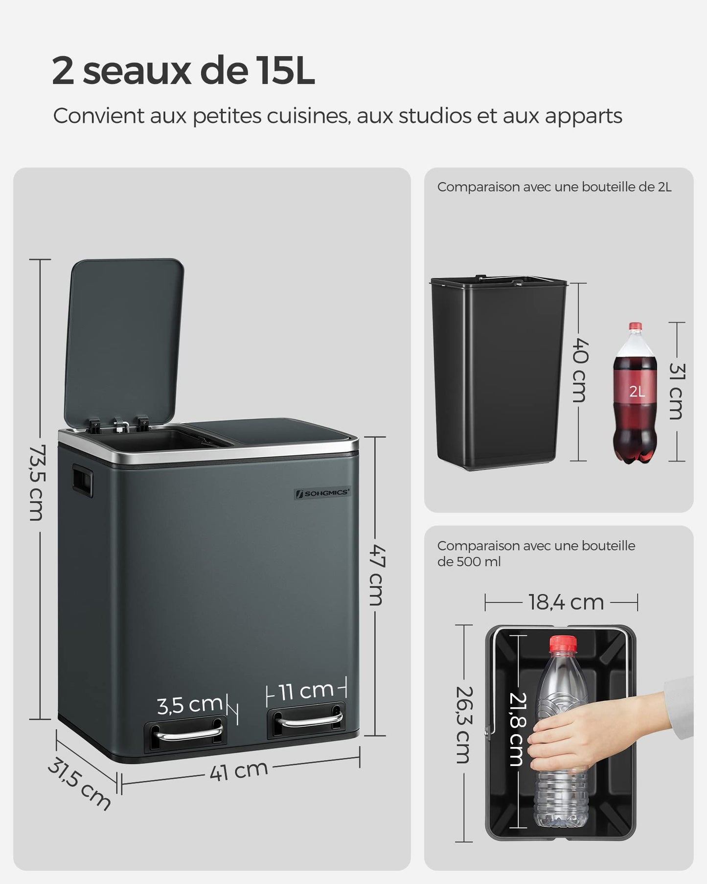 SONGMICS Poubelle Cuisine, 2 x 15L, Poubelle Tri, avec Pédale, 2 Compartiments, 15 Sacs Poubelles, Seaux Intérieurs, Couvercles en Douceur, en Acier, Gris Verdâtre LTB30GS