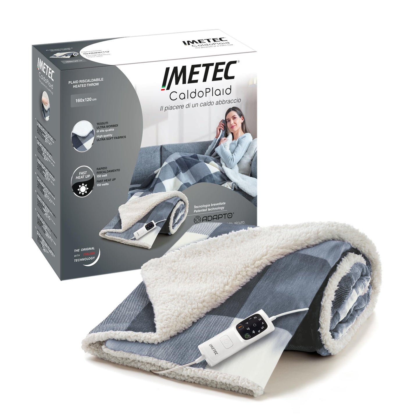 Imetec CaldoPlaid Tartan Grey, plaid chauffable, couverture électrique douce 160 x 120 cm, faible consommation, technologie adaptée, dispositif de sécurité, chauffage rapide, 6 températures, lavable