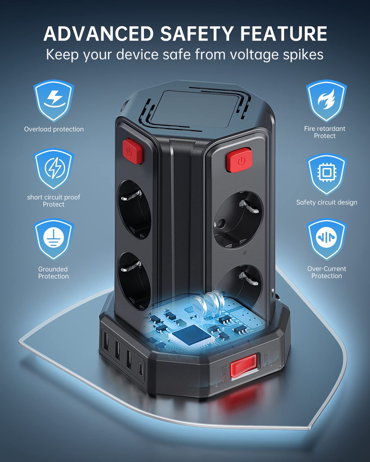 Multiprise avec Interrupteur, Sameriver Tour Multiprise 8 Prises et 4 USB, Multiprise USB Parafoudre et 4 Interrupteurs Rallonge Electrique 3M Câble la Maison et au Bureau