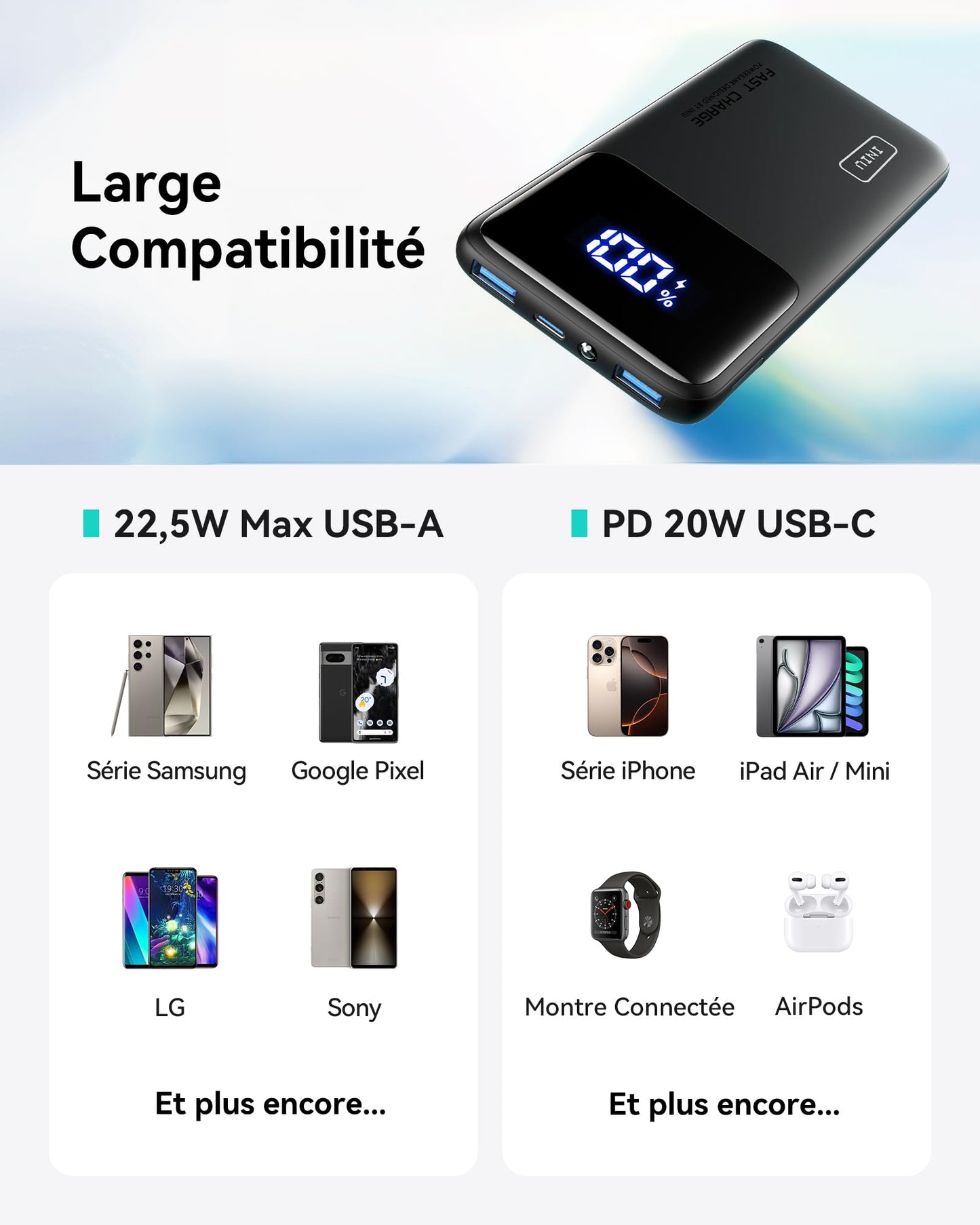 INIU Batterie Externe, 22.5W 10000mAh Power Bank, Batterie Portable USB C Input & Output PD3.0 QC4.0 Charge Rapide Powerbank Compatible avec iPhone 16 15 14 13 12 Pro Max Plus Samsung iPad Pro etc