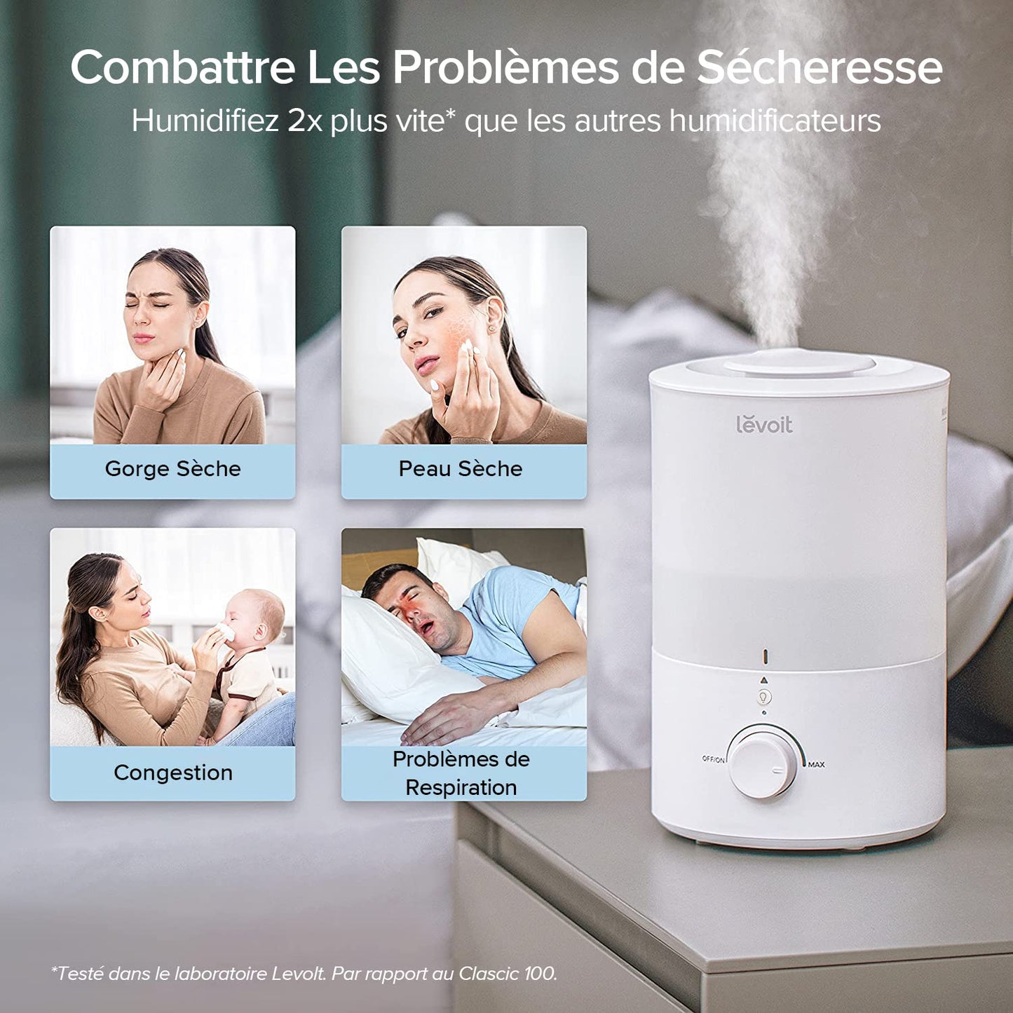 LEVOIT Humidificateur d'Air Chambre 3L Top-Fill, 25H d'Autonomie, <28dB Ultrasonique Silencieux, avec Veilleuse, Diffuseur, Arrêt Automatique, Buse à 360°, Brume Froide, Sans BPA pour Dual 150