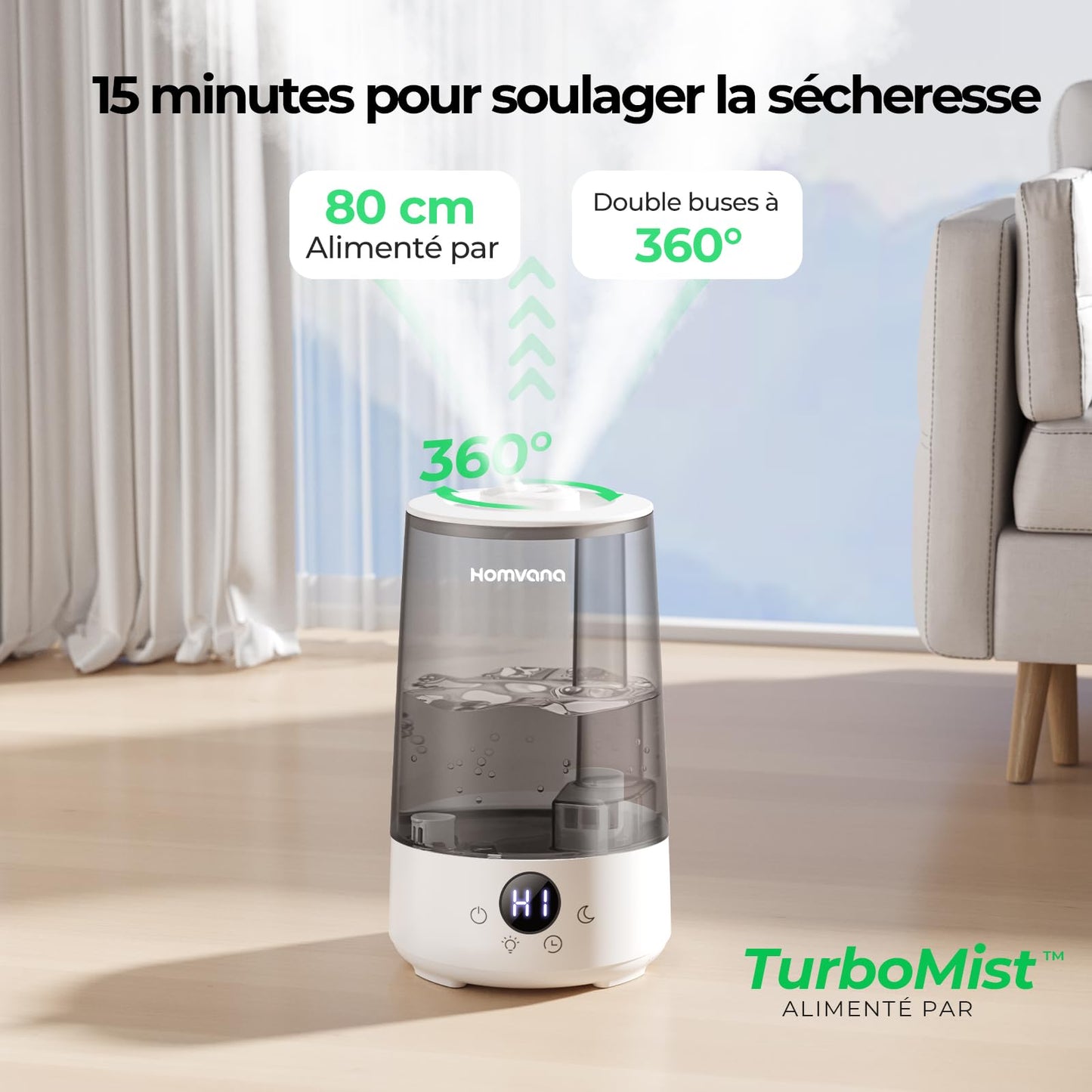 Homvana Humidificateur d'Air bébé, 3.6 L Cool Mist Top-Fill, 16dB Silencieux (SilentSpray), 34H Durable Humidificateu Chambre, Plante, BPA Free Avec Plusieur Modes d'humidité, 7 Color Light, Diffuseur
