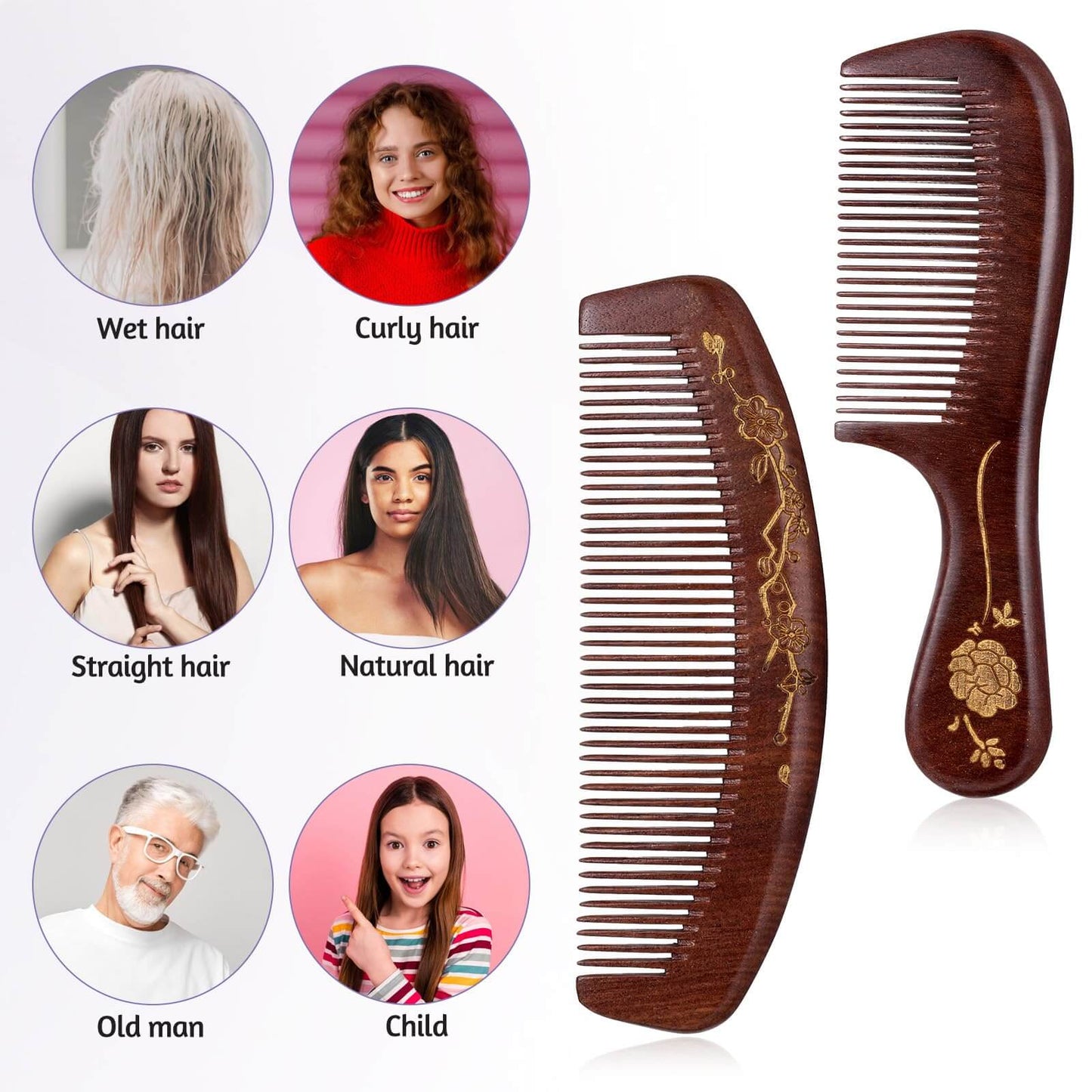 Lot de 2 peignes à cheveux en bois de santal pour femme - Peigne démêlant antistatique, à dents fines - Pour cheveux humides, secs, bouclés, fins, épais, ondulés et raides