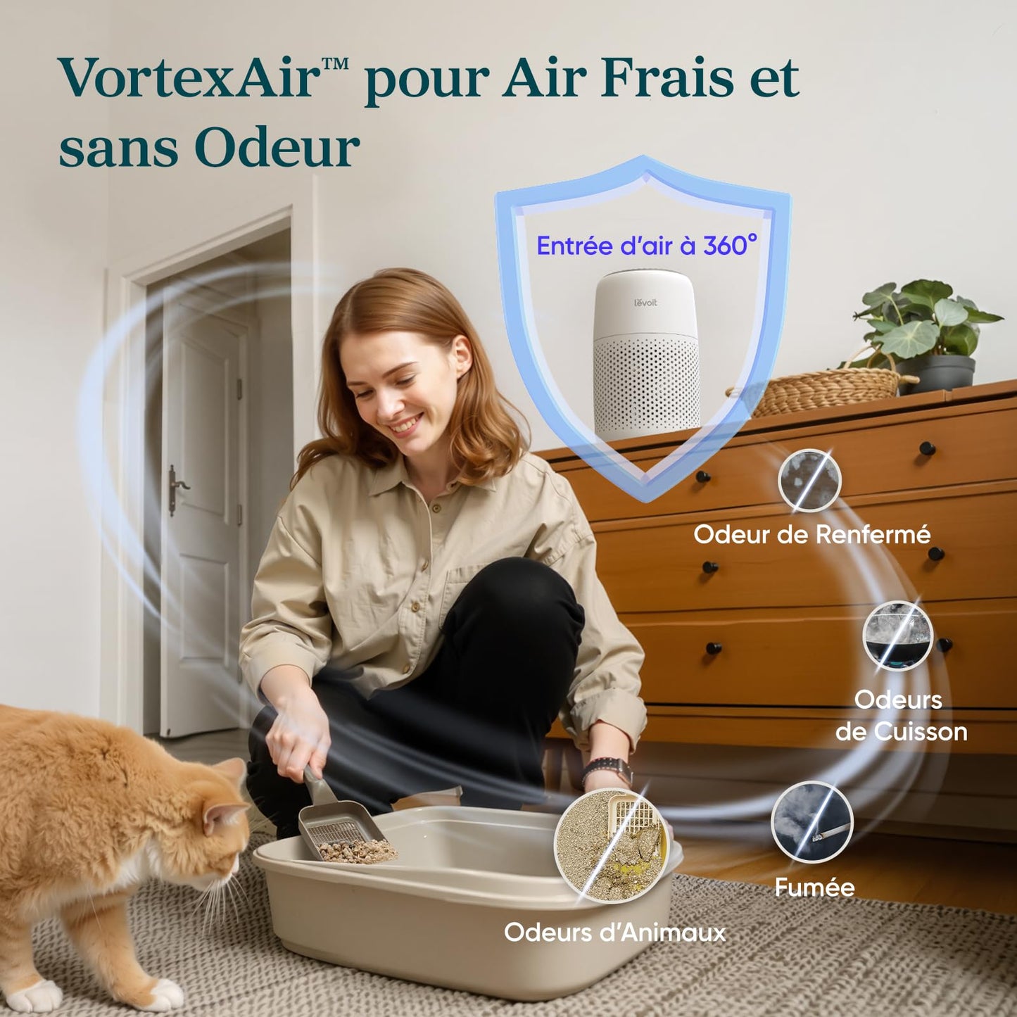 LEVOIT Purificateur d'Air Chambre, Filtration Efficace contre Allergies et Odeurs, Silencieux, avec Éponge d'Aromathérapie, 7W Économie d'Énergie, 3 Vitesses, Air Purifier HEPA pour Maison Bureau