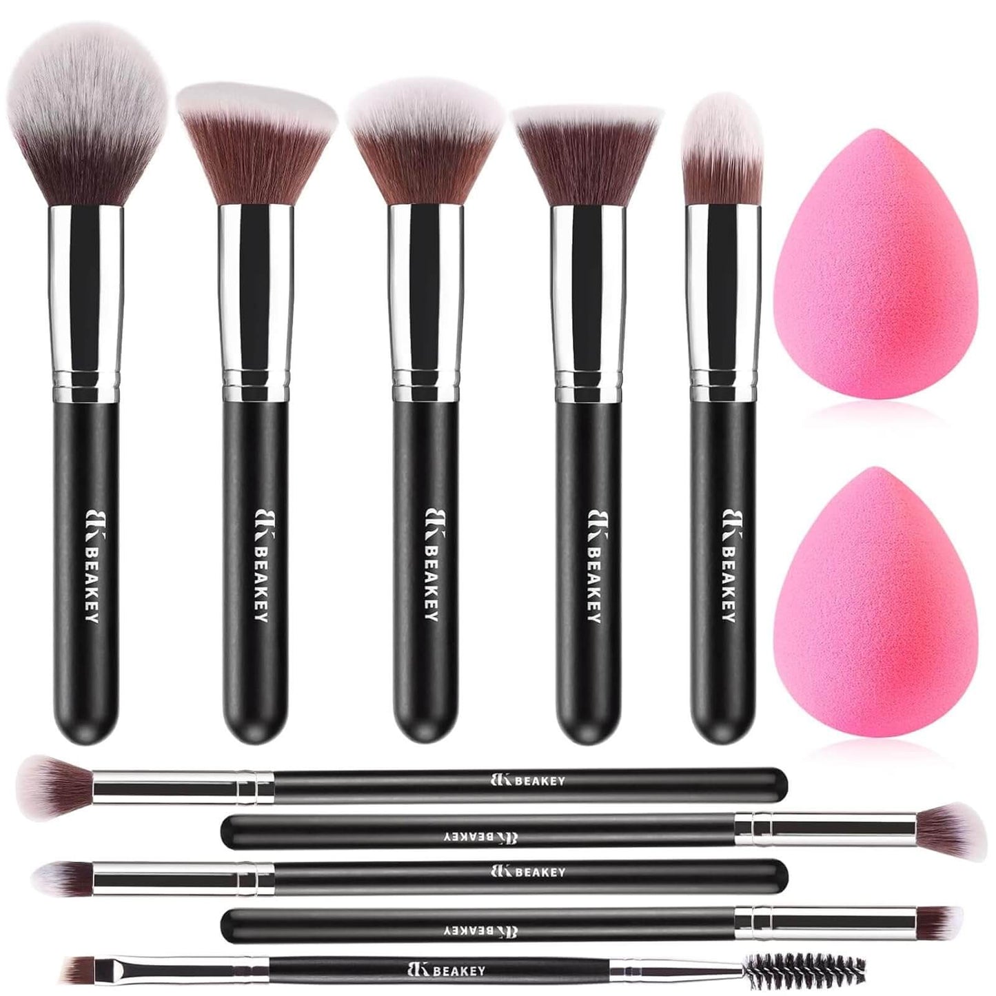 BEAKEY Pinceaux Maquillages Professionnel, Pinceau Maquillage Pour Fond de Teint Blush L'anti-cernes Fard à Paupières Poudre Libre, Avec Blender Eponge(10+2pcs, Noir/Argent)