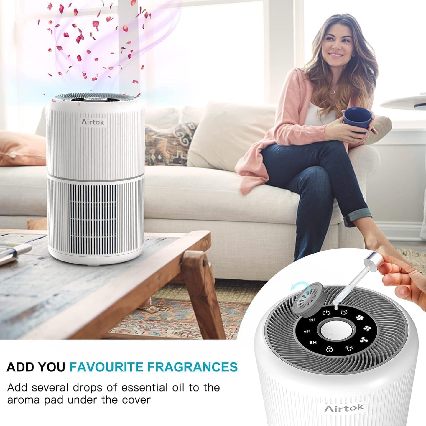 AIRTOK Purificateur d'air avec éponge parfumée, Purificatore d'aria H13 HEPA élimine 99,97% de la poussière, de la fumée et des odeurs d'animaux, air purifier avec veilleuse | 3 niveaux de vitesse