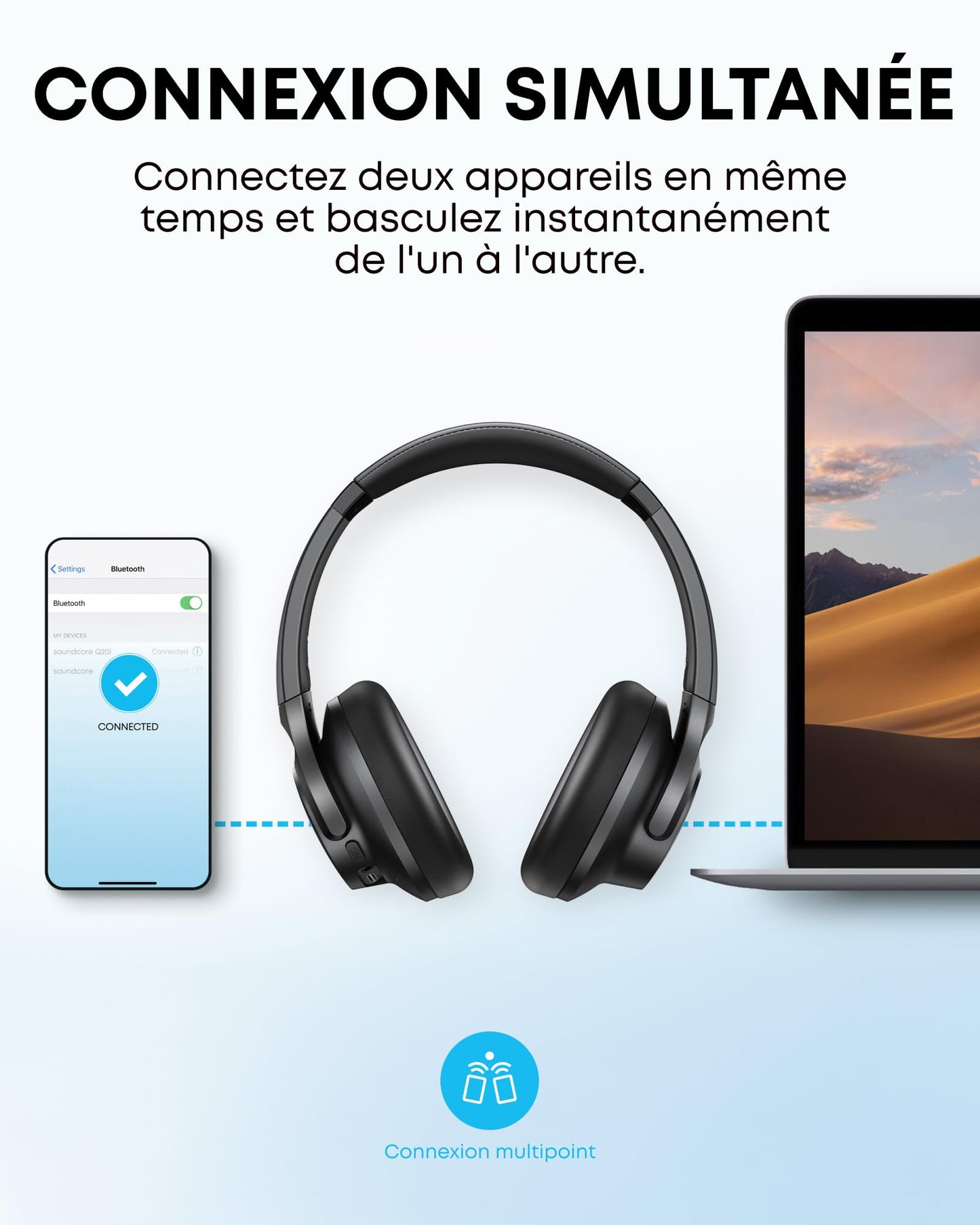 Soundcore Q20i Casque Bluetooth sans fil reducteur de bruit hybride active by Anker, Casque Over Ear, jusqu'à 40 Heures d'autonomie en mode ANC, Hi-Res Audio, Basses Profondes,Personnalisation via App
