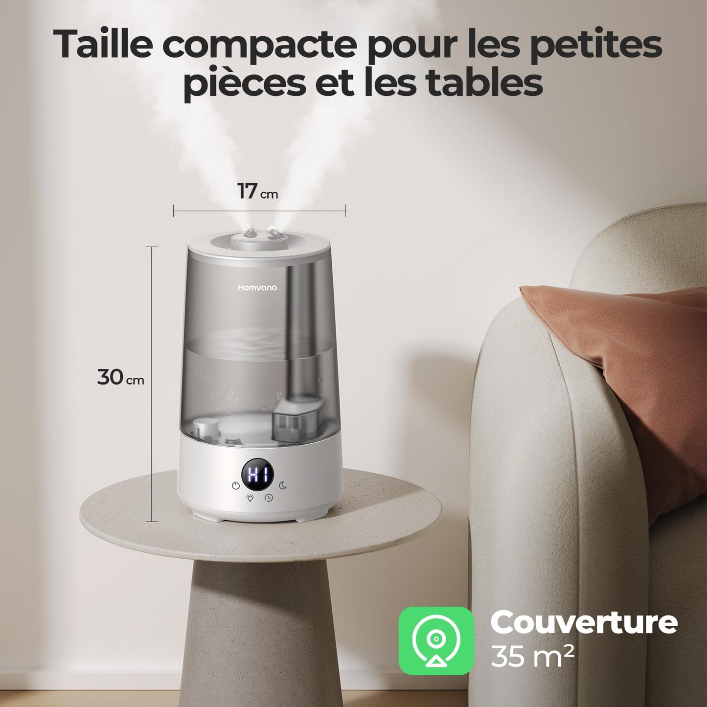 Homvana Humidificateur d'Air bébé, 3.6 L Cool Mist Top-Fill, 16dB Silencieux (SilentSpray), 34H Durable Humidificateu Chambre, Plante, BPA Free Avec Plusieur Modes d'humidité, 7 Color Light, Diffuseur