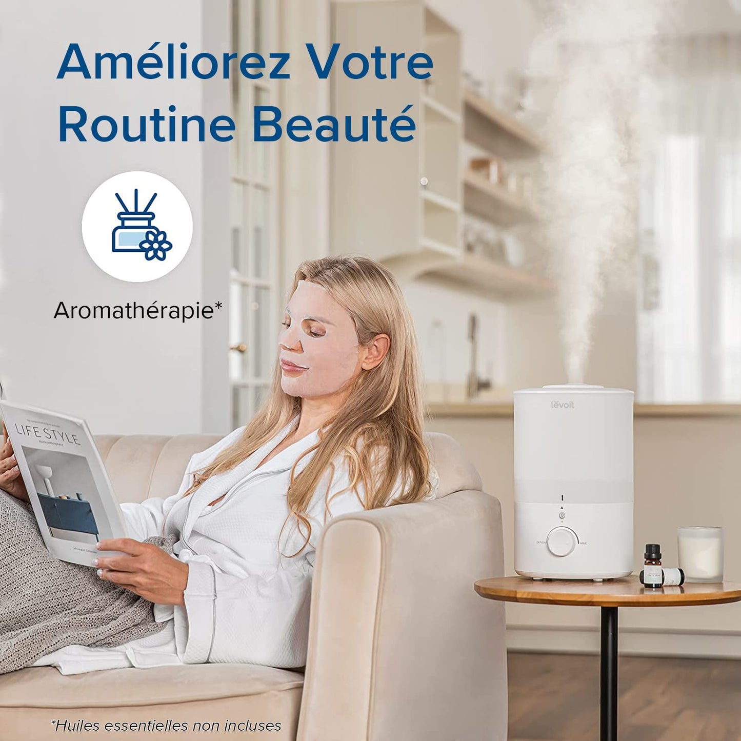 LEVOIT Humidificateur d'Air Chambre 3L Top-Fill, 25H d'Autonomie, <28dB Ultrasonique Silencieux, avec Veilleuse, Diffuseur, Arrêt Automatique, Buse à 360°, Brume Froide, Sans BPA pour Dual 150
