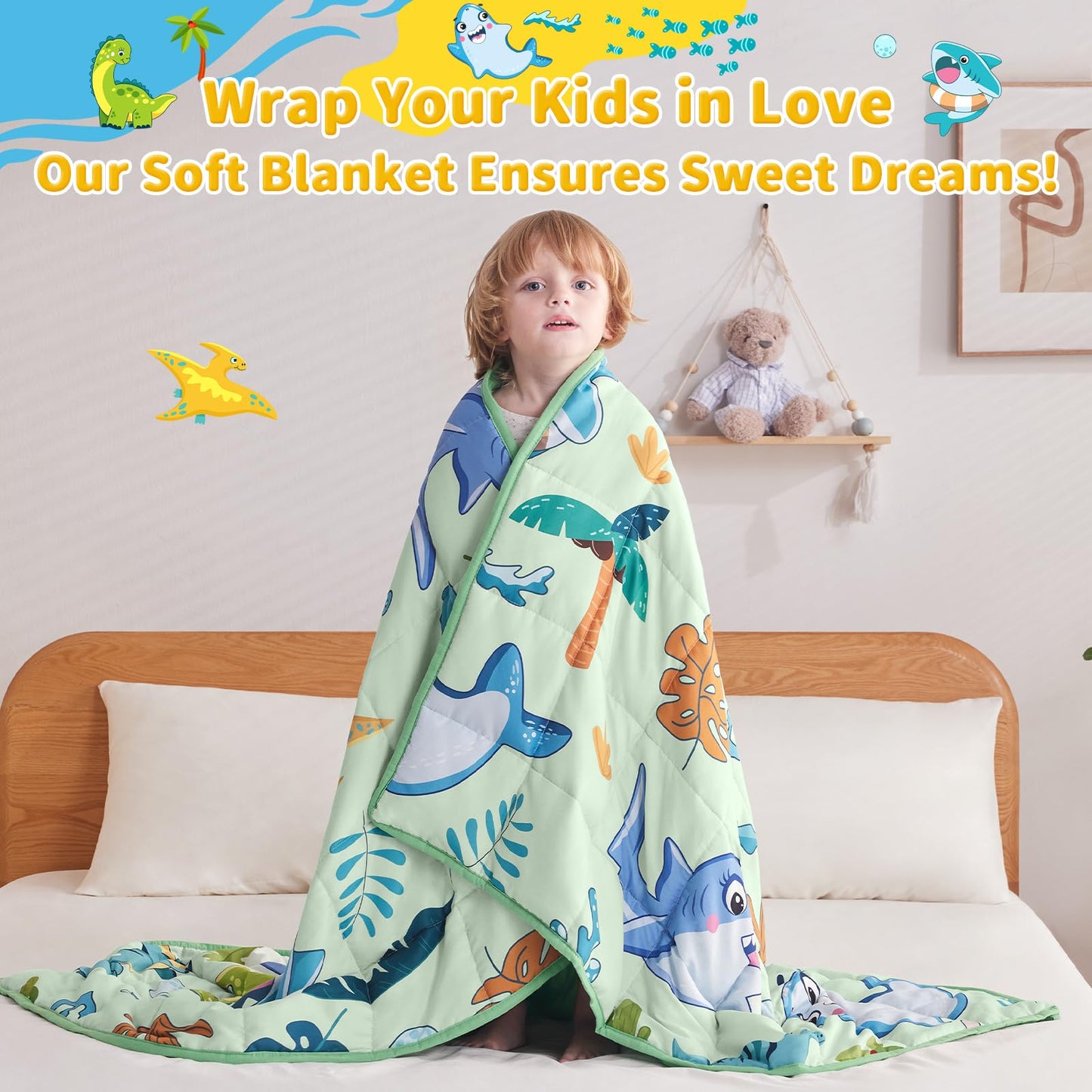 anfie Couverture lestée pour enfants (127 x 152,4 cm, 4,5 kg) – Couverture respirante avec perles de verre de qualité supérieure (requin vert)