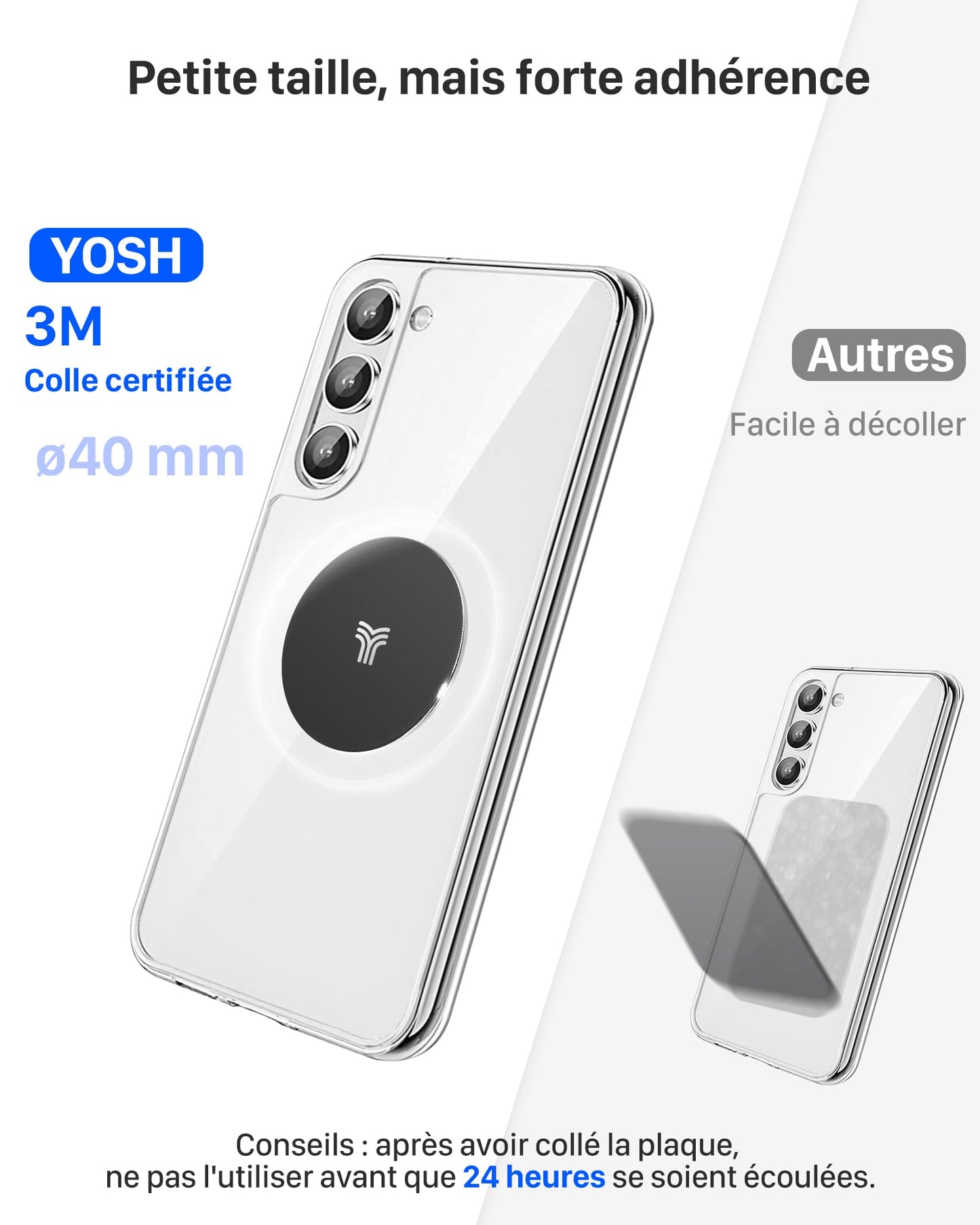 YOSH Support Telephone Voiture Magnetique, [Magnétisme Puissant] Porte Téléphone Voiture Aimanté pour iPhone 16 15 14 Pro Max Plus, Samsung Huawei Xiaomi & Android Smartphone [avec Plaque de métal]