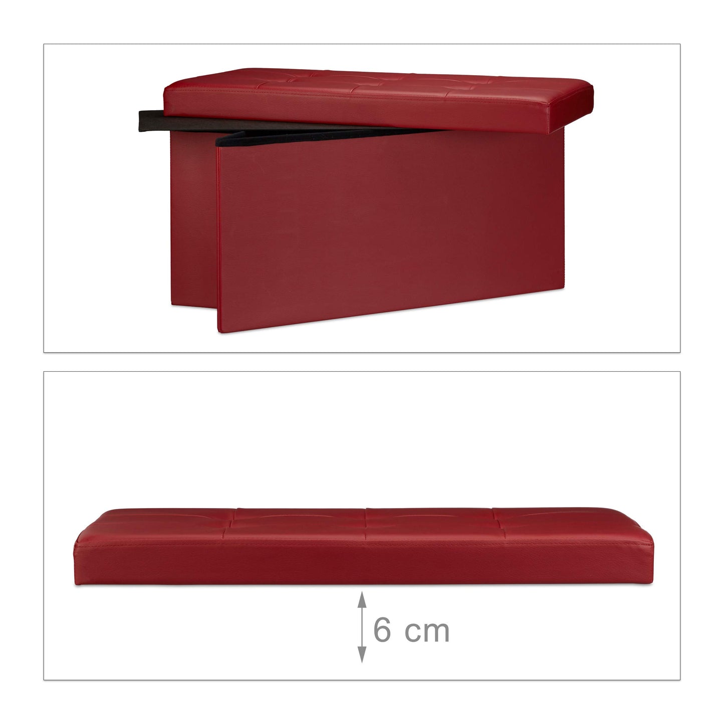 Relaxdays Banc de rangement pratique en simili cuir, 2 places, capacité de charge 300 kg, HLP : 38x76x38 cm, rouge foncé