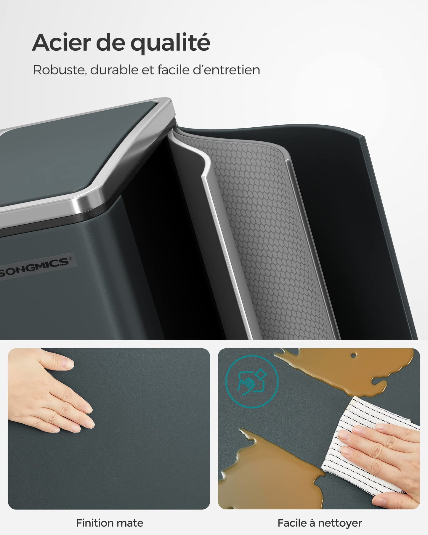 SONGMICS Poubelle Cuisine, 2 x 15L, Poubelle Tri, avec Pédale, 2 Compartiments, 15 Sacs Poubelles, Seaux Intérieurs, Couvercles en Douceur, en Acier, Gris Verdâtre LTB30GS