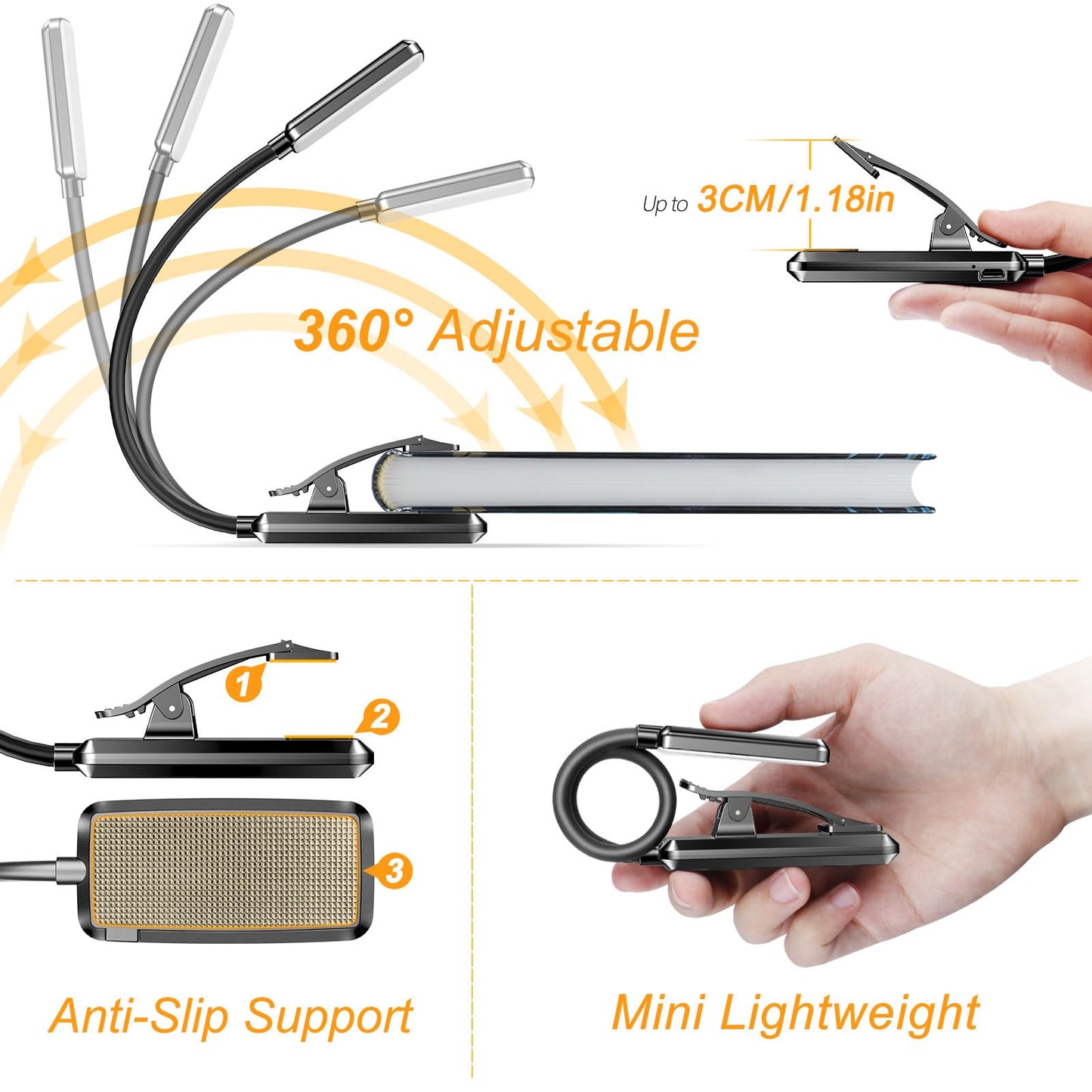 Gritin Lampe de Lecture Rechargeable, 9 LED Liseuse Lampe Clip, Gradation Progressive & 3 Modes Protection des Yeux (Blanc Froid&Chaud), 360° Cou Flexible, Indicateur, Longue Travail pour Lire au Lit