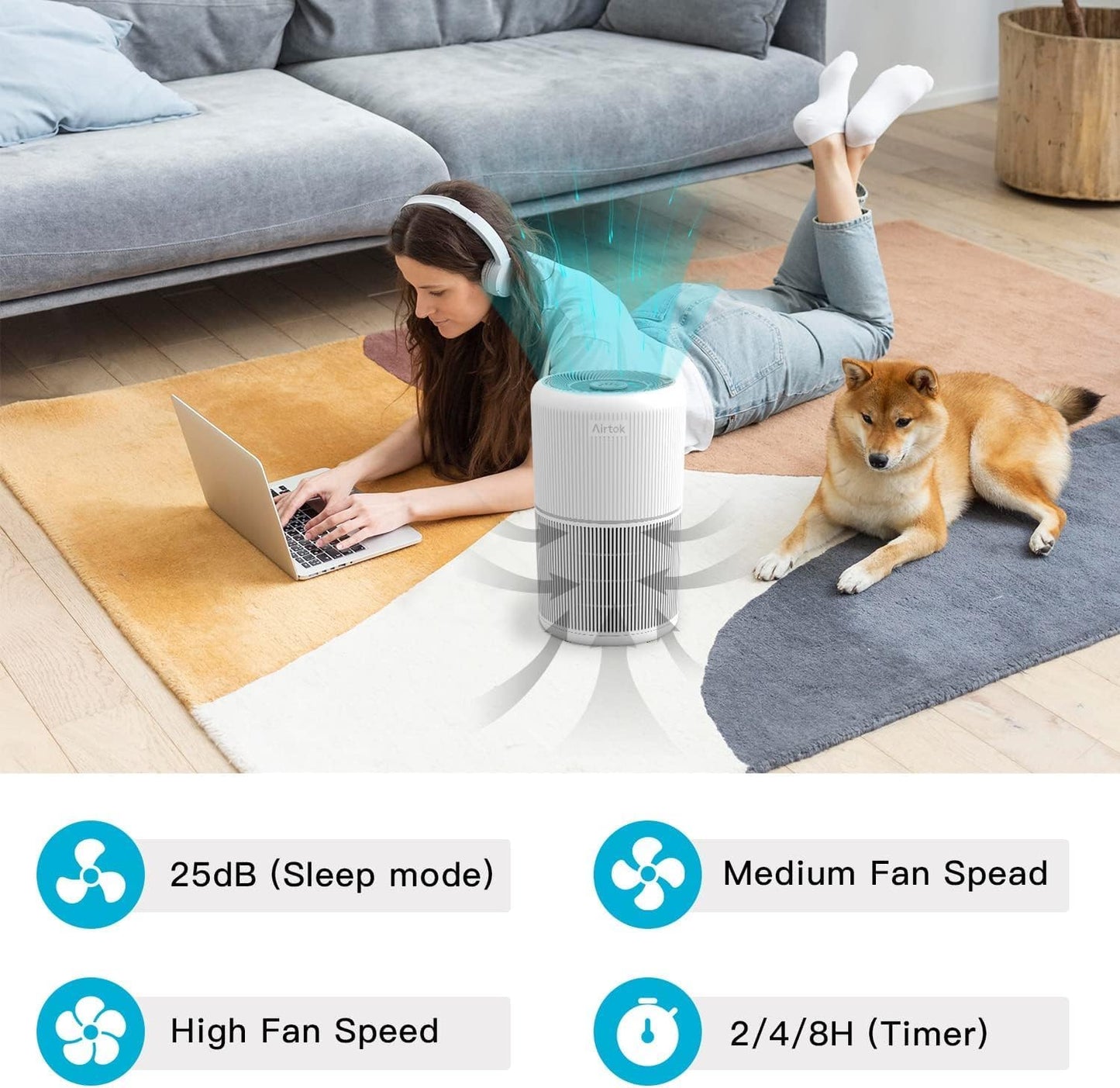 AIRTOK Purificateur d'air avec éponge parfumée, Purificatore d'aria H13 HEPA élimine 99,97% de la poussière, de la fumée et des odeurs d'animaux, air purifier avec veilleuse | 3 niveaux de vitesse