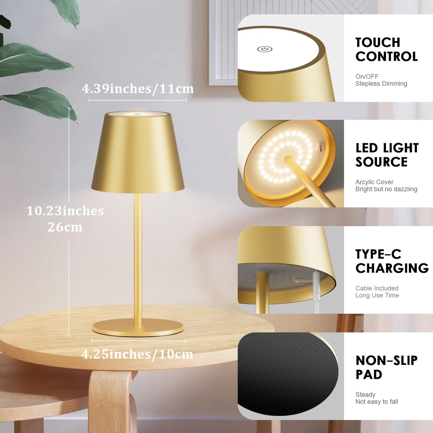 lundwa 2 pièces lampes de table LED à intensité variable, sans fil, rechargeables, couleur de lumière chaude 3000K, USB-C, aluminium, IP54,Pour le salon, le jardin, la salle à manger(Or mat)