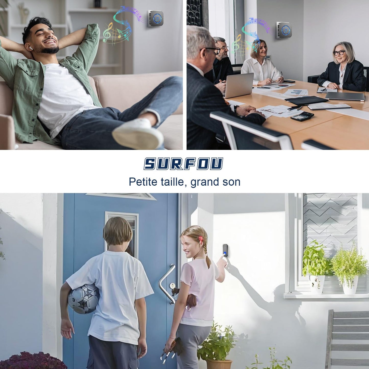 SURFOU Sonnette sans Fil, 400M Sonnette Longue Portée Exterieur Étanche Electronique, Kit de Carillon avec Récepteurs Enfichables pour la Maison, LED Bleu, 55 Mélodies, 5 Niveaux Volumes, Noir