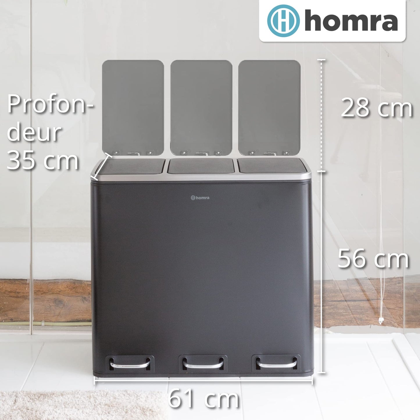 Homra Sparq Poubelle Tri Selectif 3 Bac | Poubelle Cuisine 54 Litres Acier inoxydable | Poubelle à Pédale 3x18 litres | Déchets et recyclage | 3 Bacs Amovibles et Fermeture Douce | Inox Noir