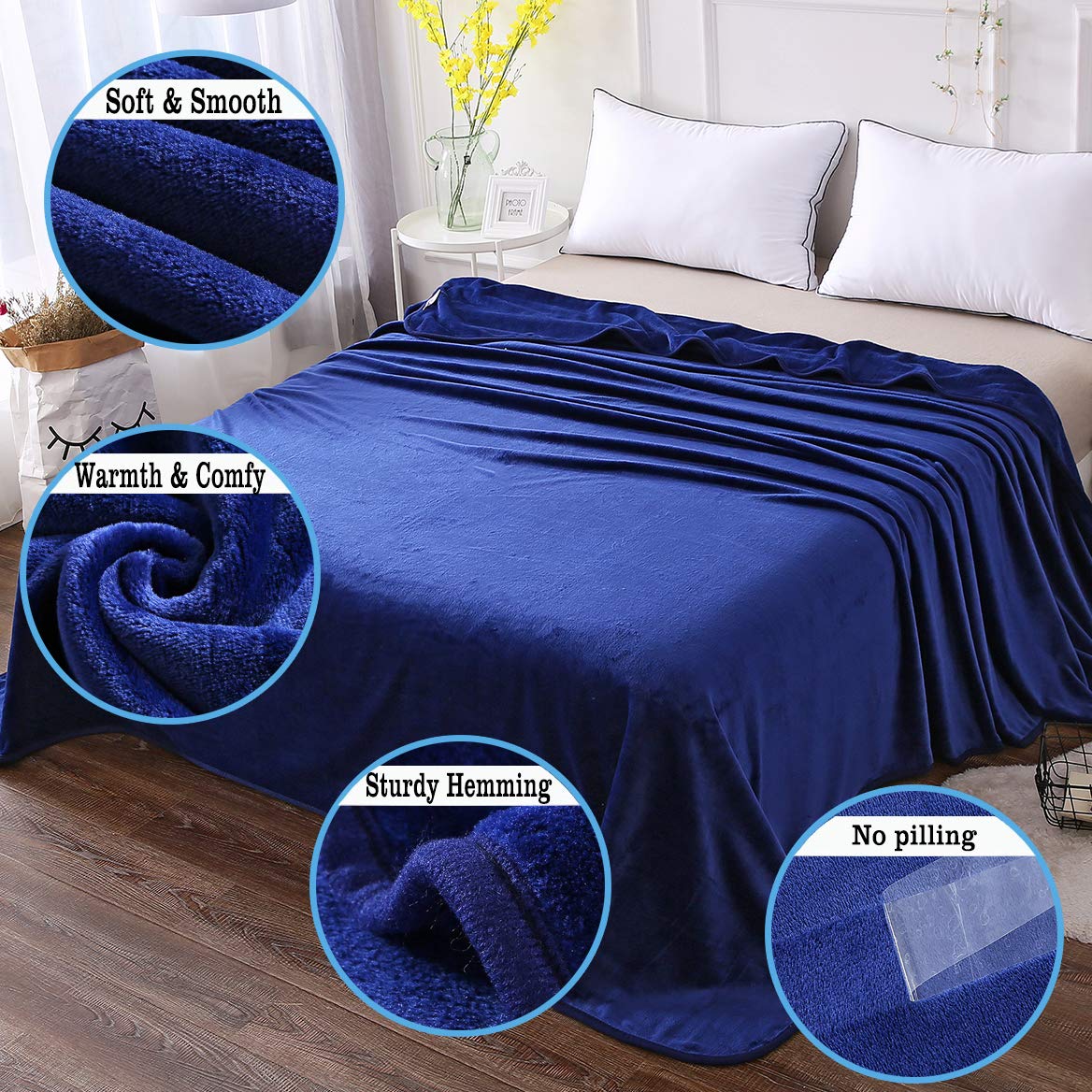 HOZY Plaid Couverture Polaire 220x240cm Bleu Fonce Doux et Chaude - 350GSM Couverture de Lit 2 Personnes et Plaid Canapé Flanelle - Réversible Double Face